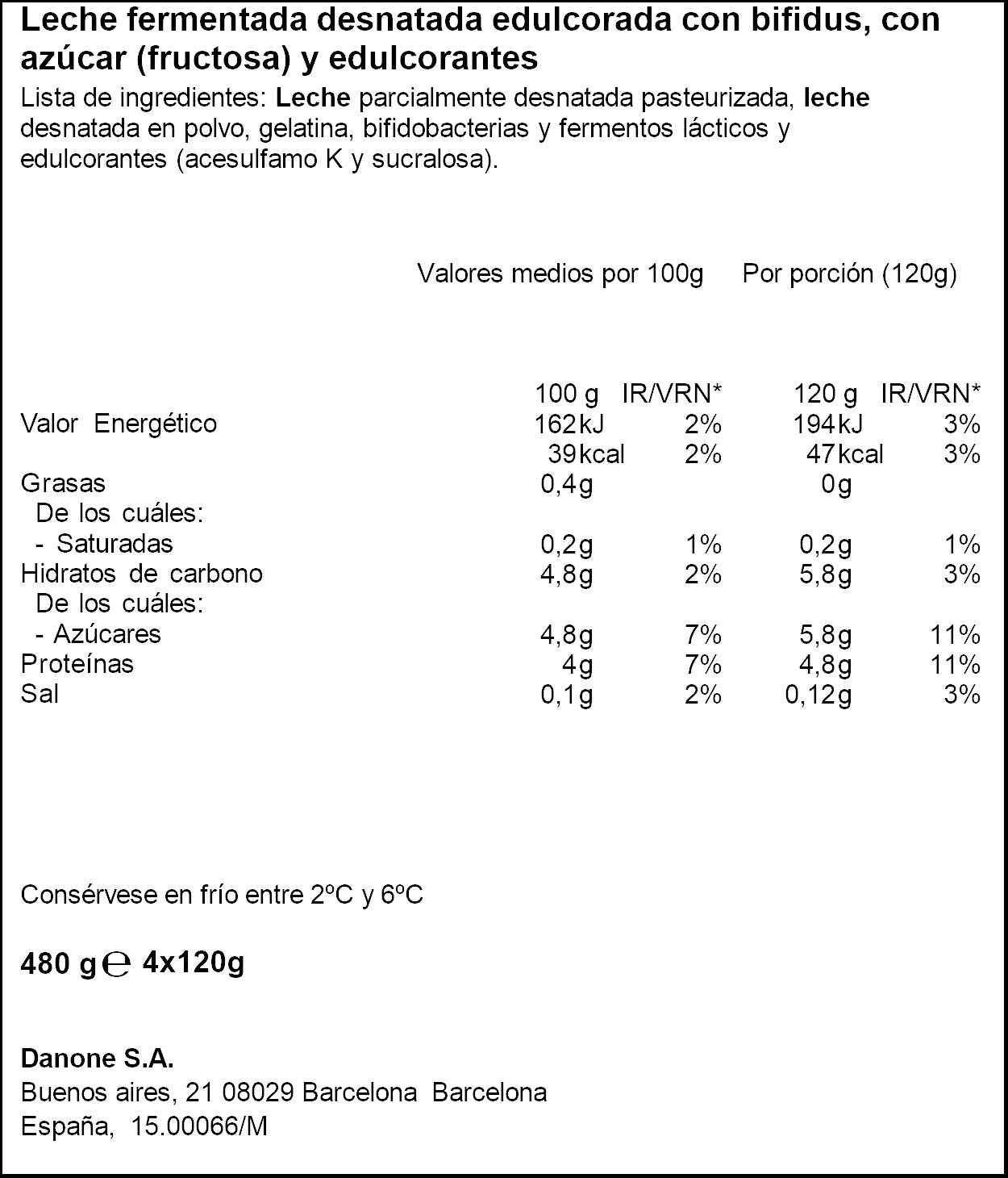 Yogur bifidus desnatado natural edulco 0% Danone p4 120g/u