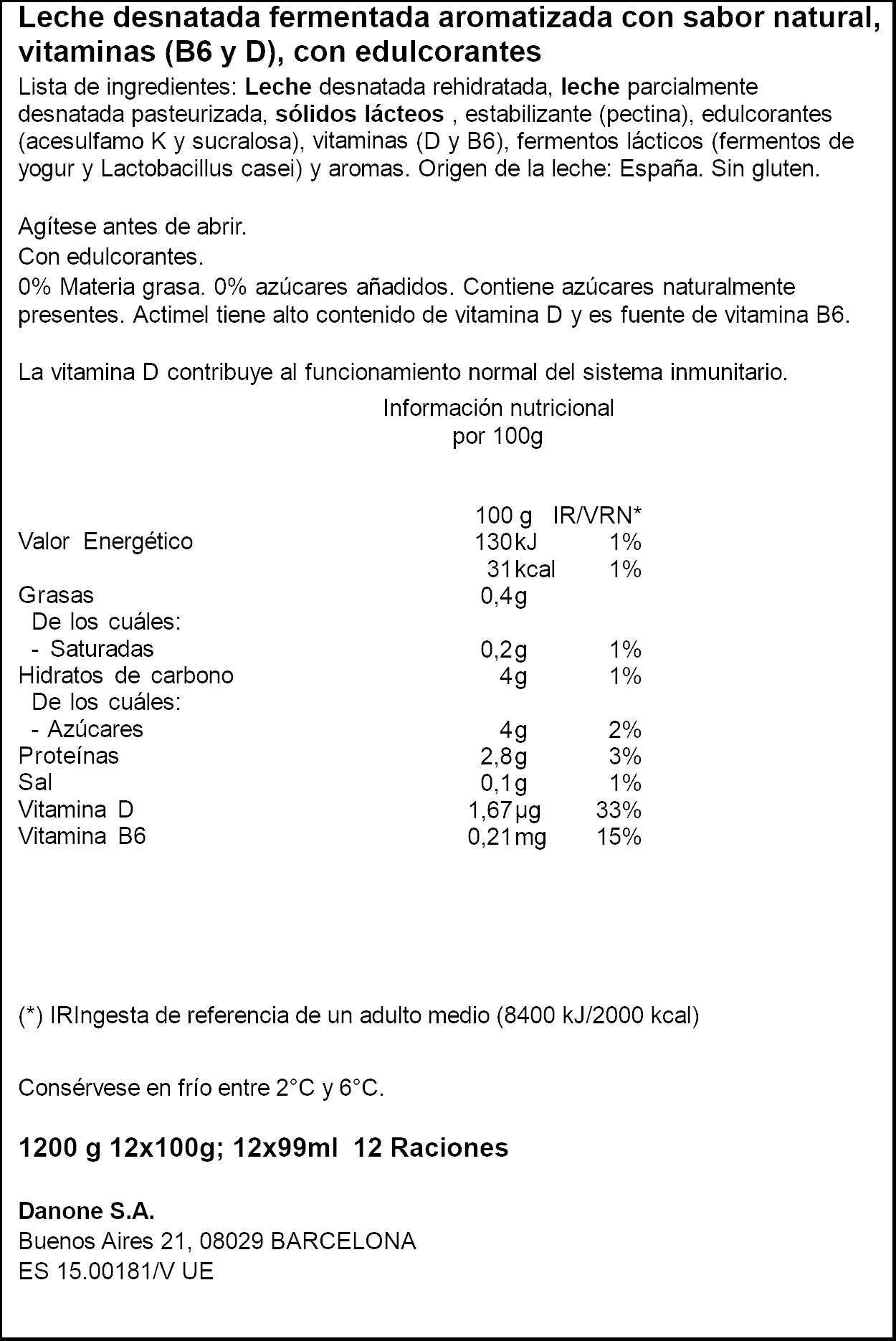Yogur liquido natural actimel 0% Danone p12 100g/u