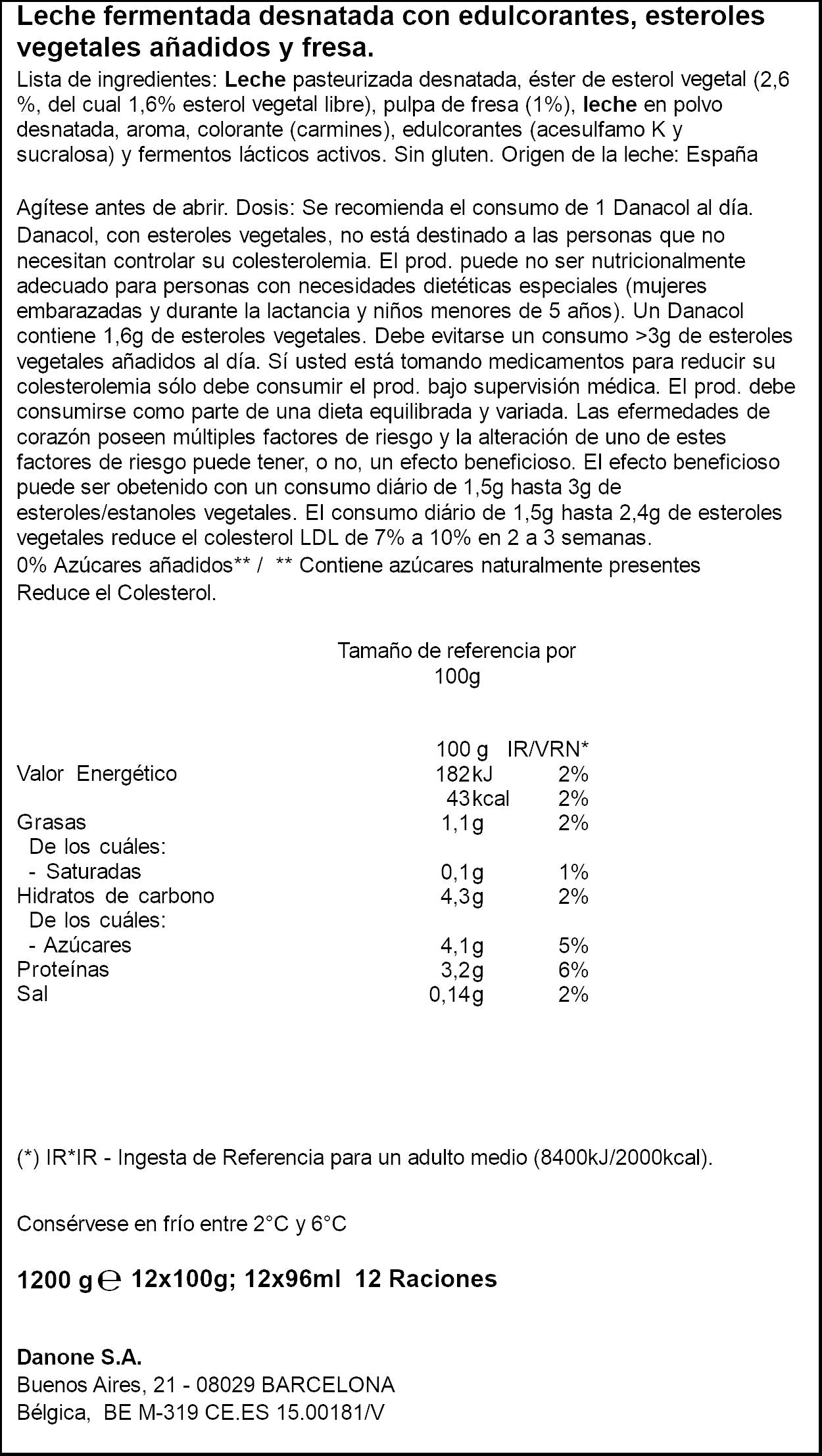 Yogur liquido fresa danacol 0% Danone p12 100g/u