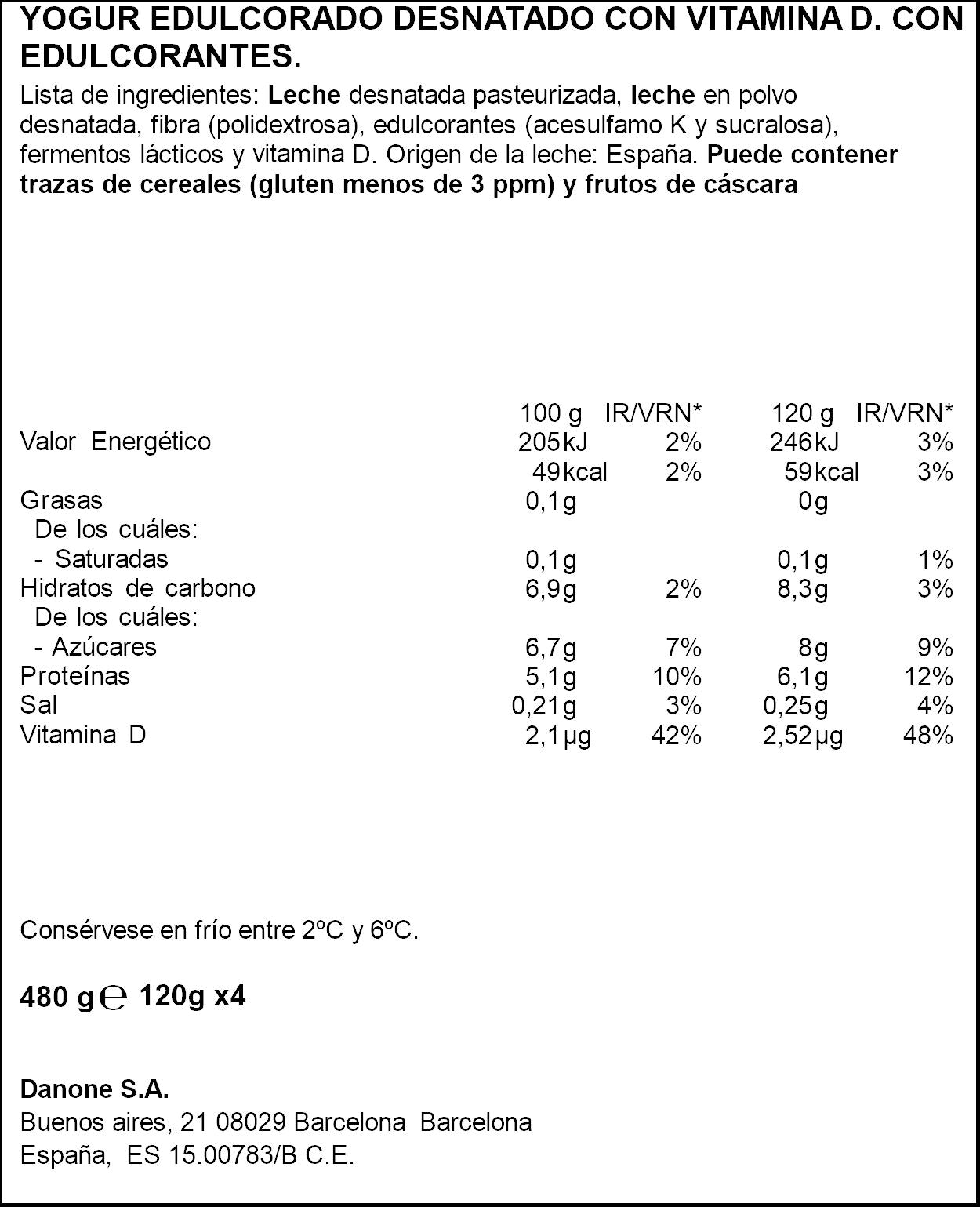 Yogur desnatado cremoso natural edulc vitaline 0% Danone p4 125g/u