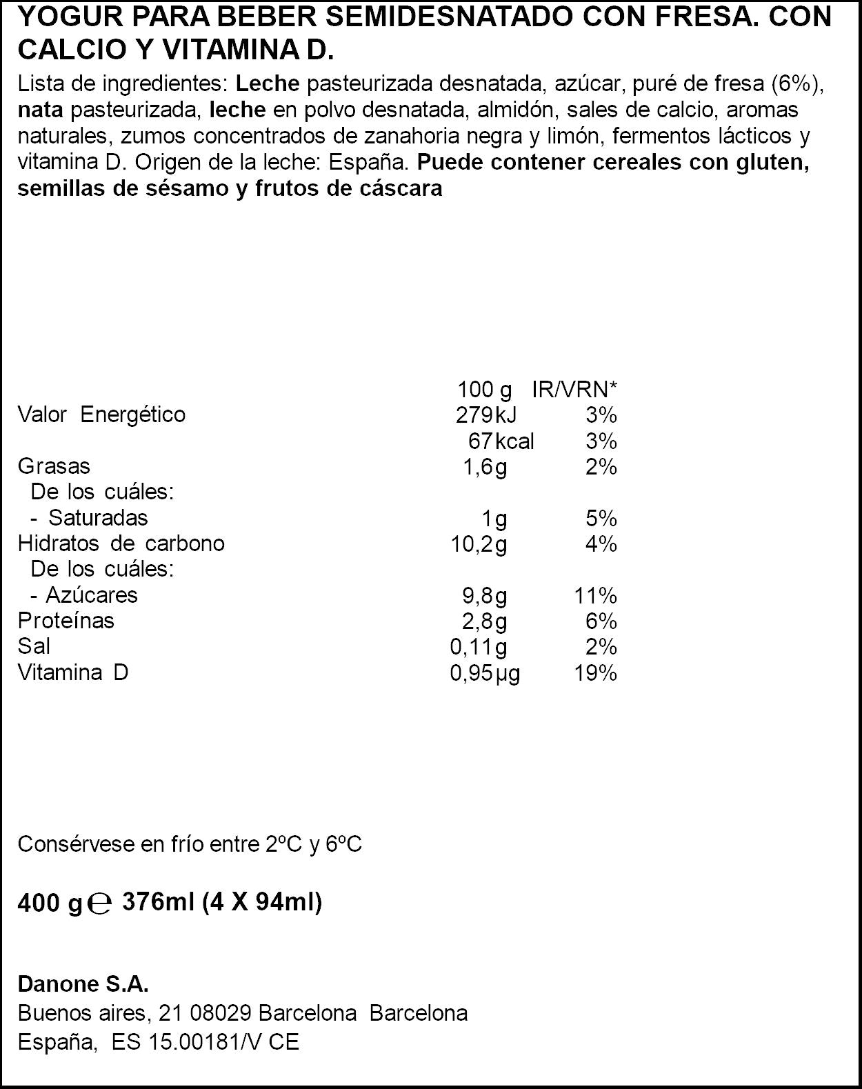 Yogur liquido fresa bebedino danonino Danone p4 100g/u