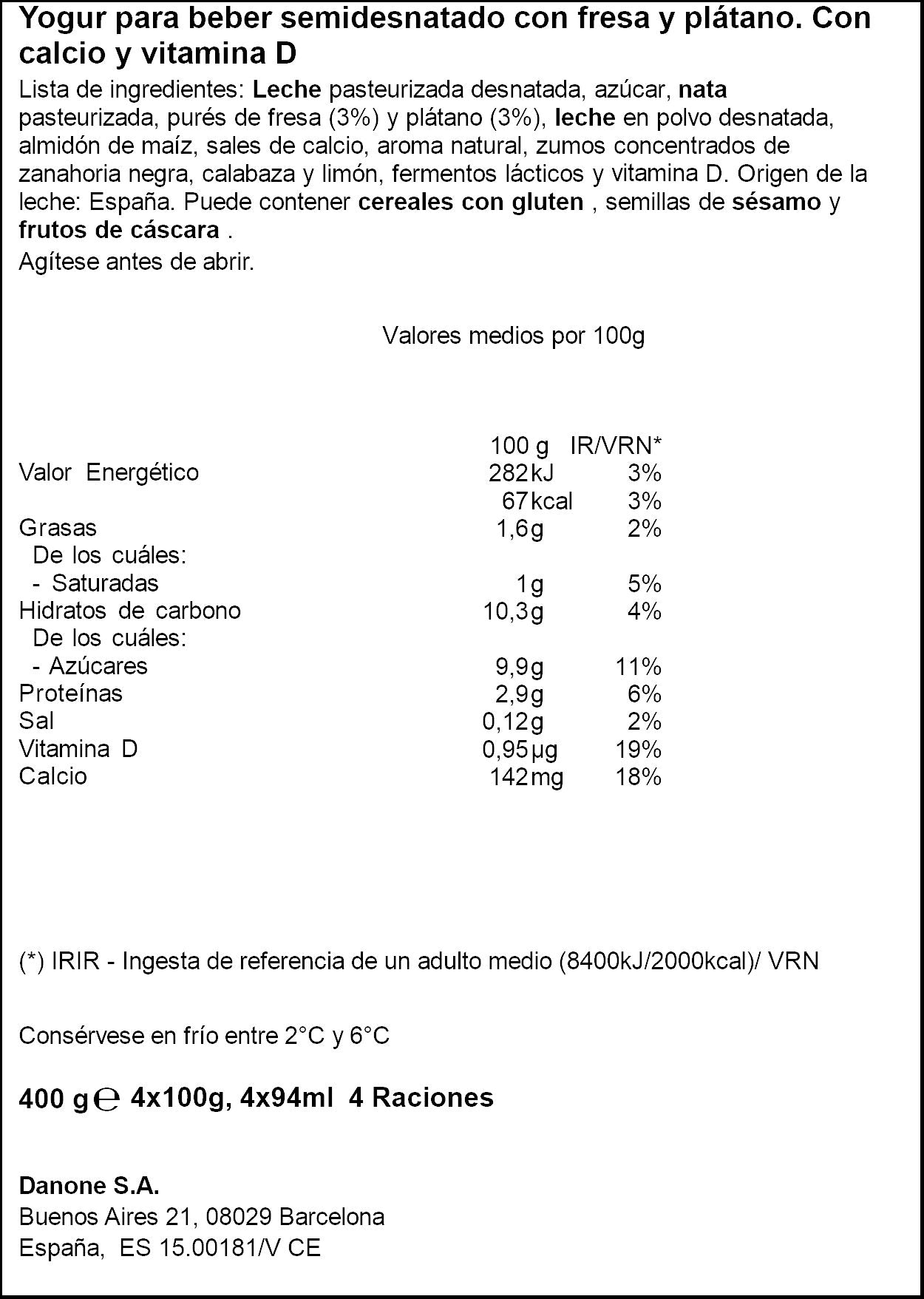 Yogur liquido fres/plat bebedi danonin Danone p4 100g/u