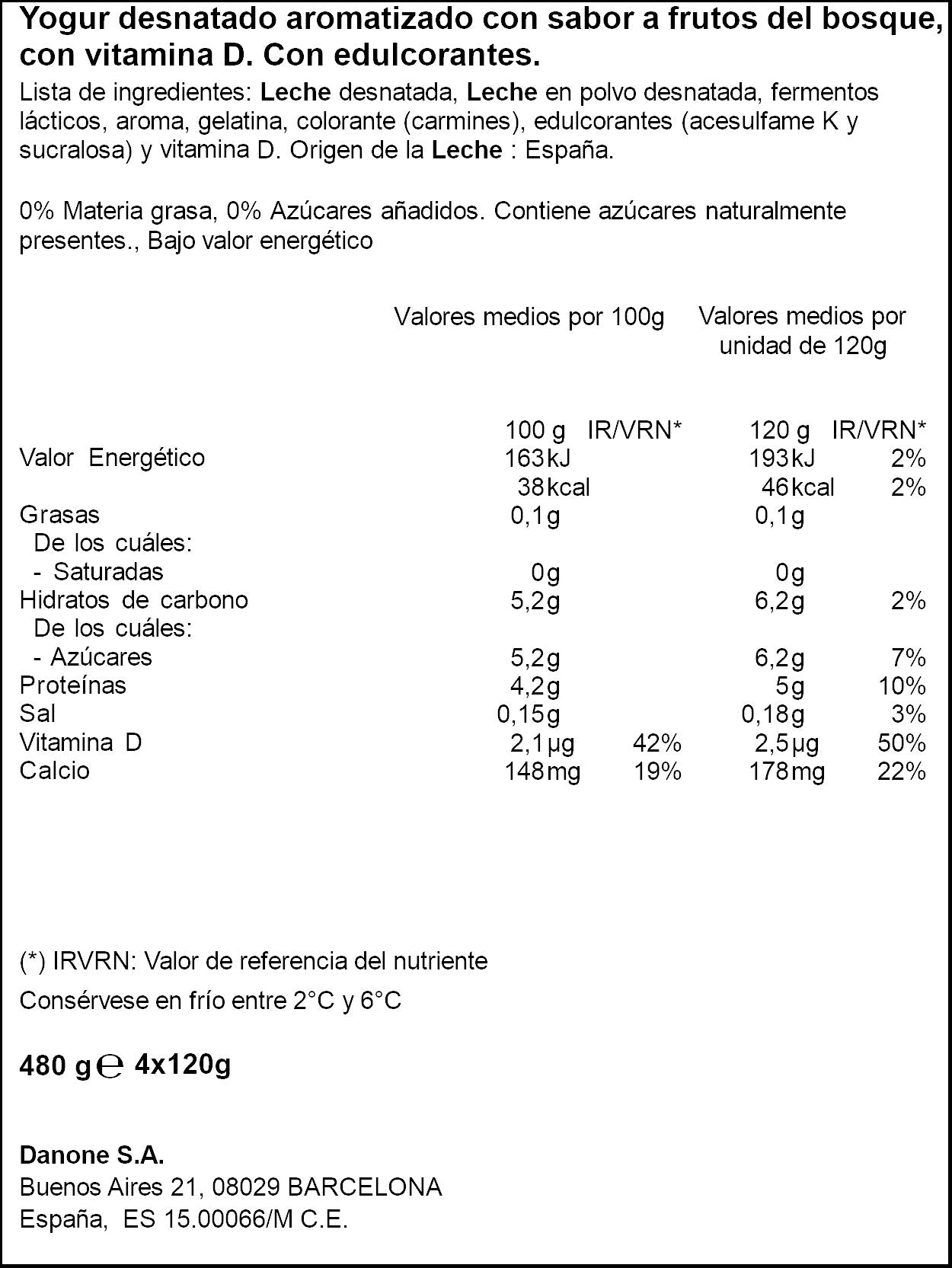 Yogur desnatado frutos bosque 0% Danone p4 125g/u