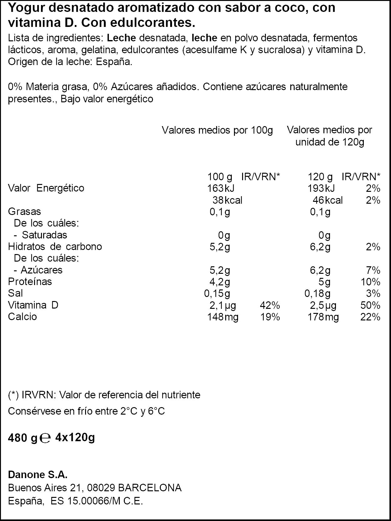 Yogur desnatado coco vitalinea 0% Danone p4 125g/u