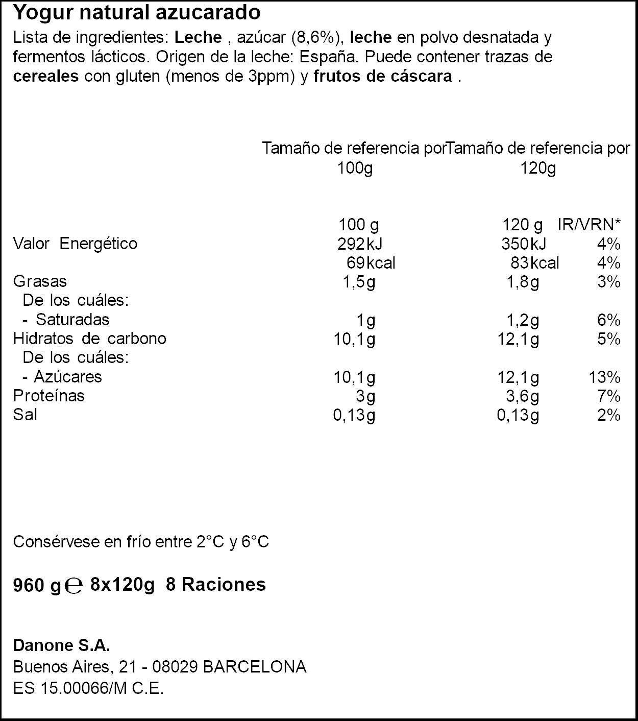Yogur natural azucarado Gervais p8 120g/u