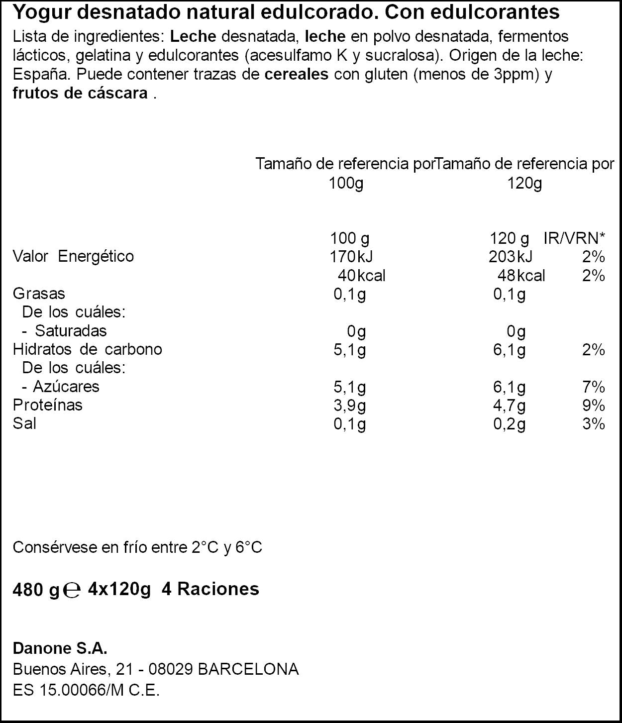 Yogur natural edulcorado 0% Gervais p4 120g/u