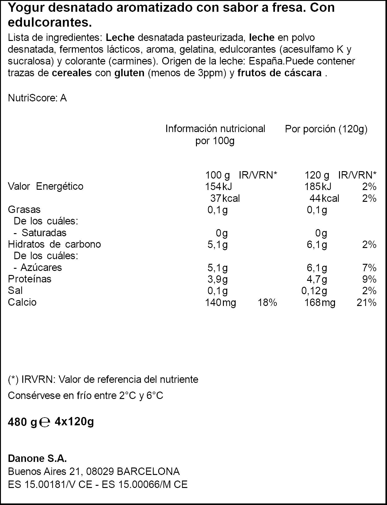 Yogur desnatado fresa 0% Gervais p4 120g/u