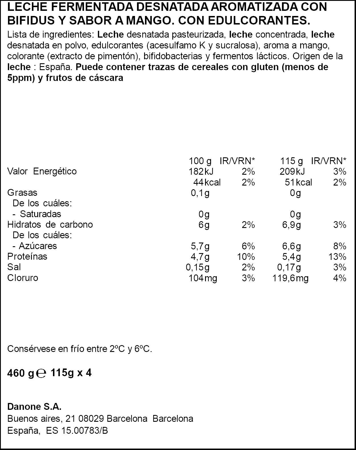 Yogur bifidus desnatado cremoso mango activia 0% Danone p4 120g/u
