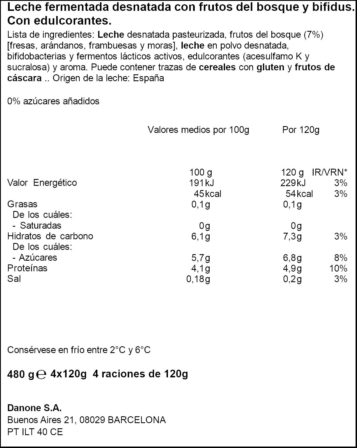 Yogur bifidus desnatado frutas del bosque 0% Gervais p4 120g/u