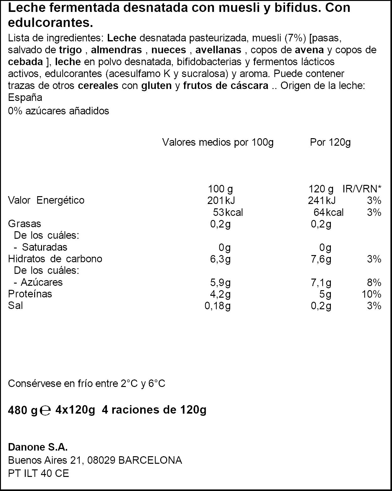 Yogur bifidus desnatado con muesly 0% Gervais p4 120g/u