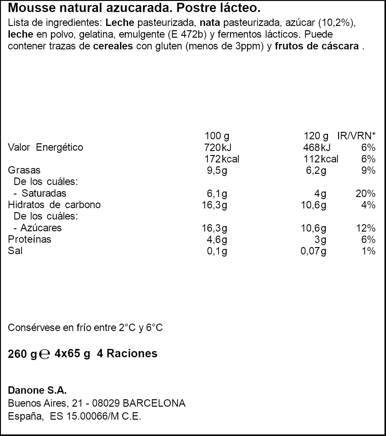 Mousse natural azucarado Danone p4 65g/u