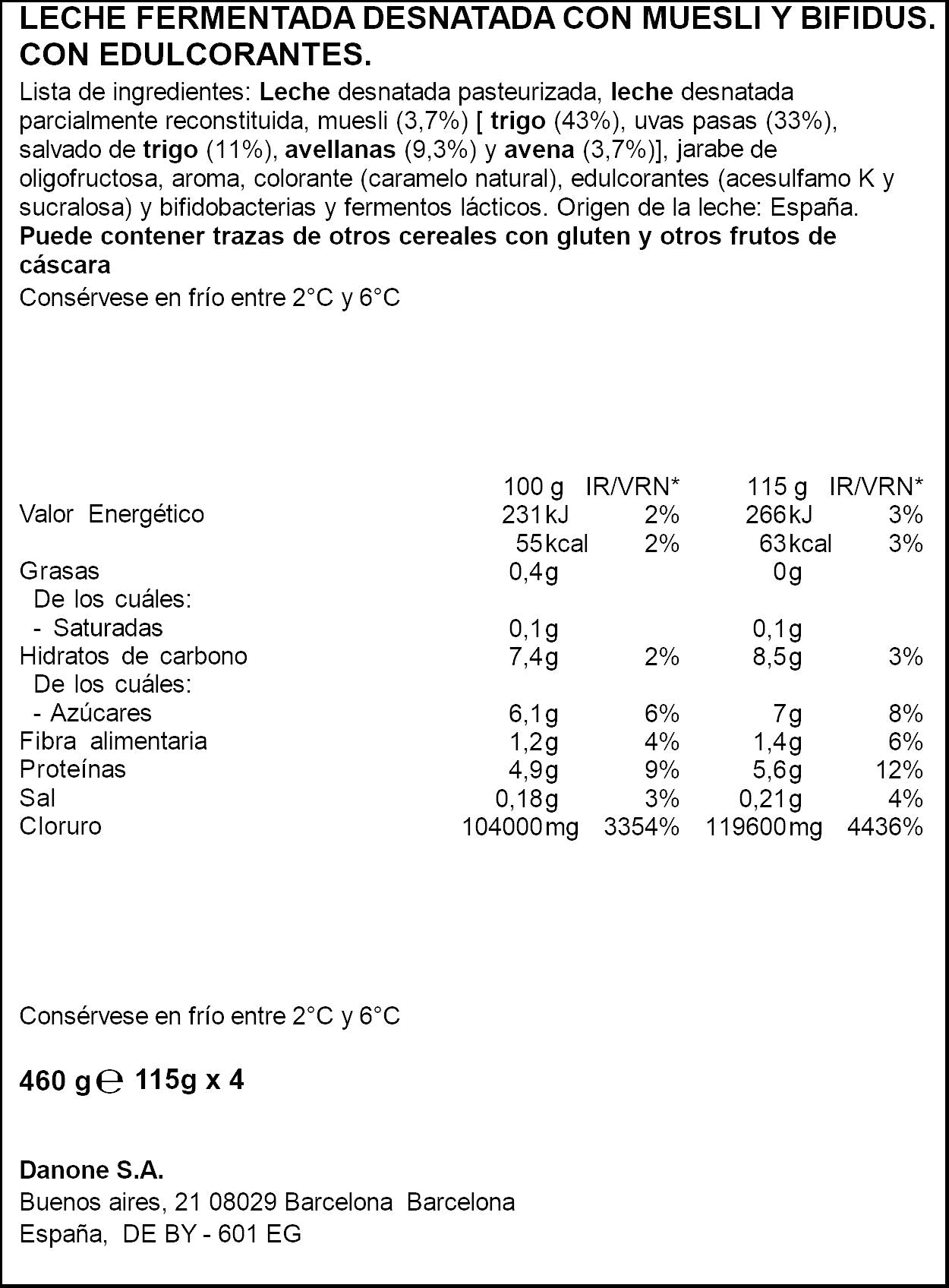 Yogur bifidus desnatado fibra muesli activia 0% Danone p4 120g/u