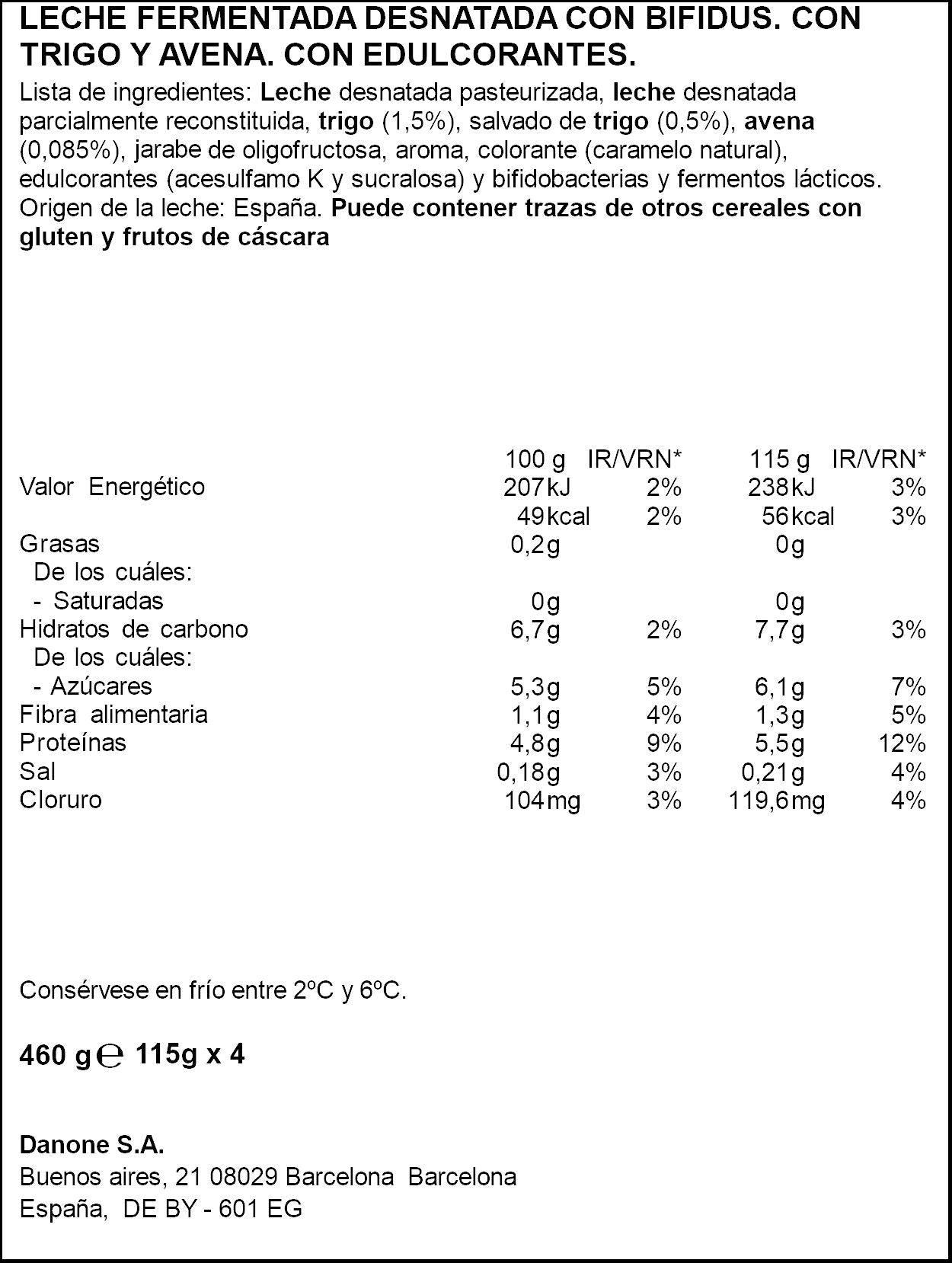Yogur bifidus desnatado fibra cereales activia 0% Danone p4 120g/u