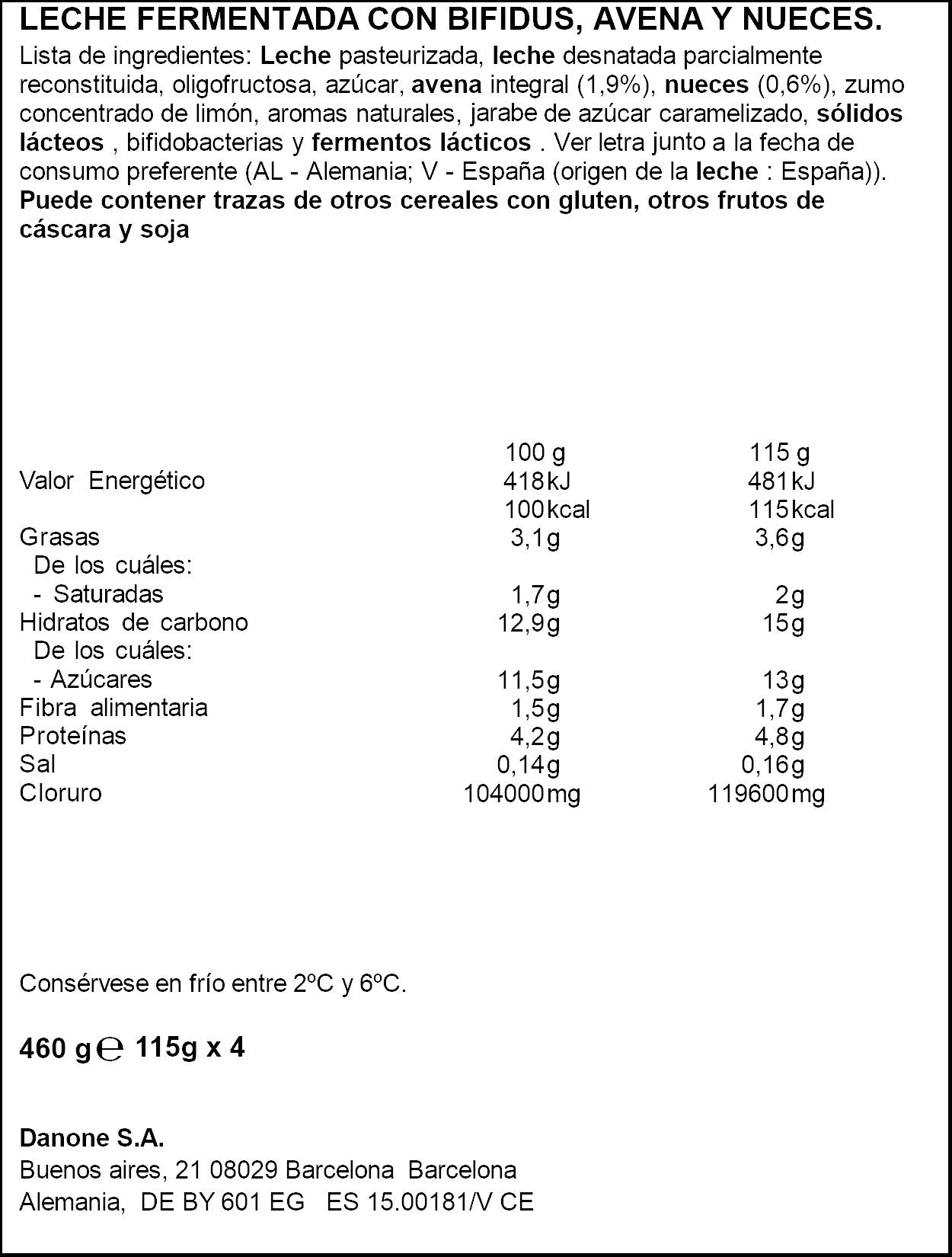 Yogur bifidus fibra avena y nueces activia Danone p4 120g/u