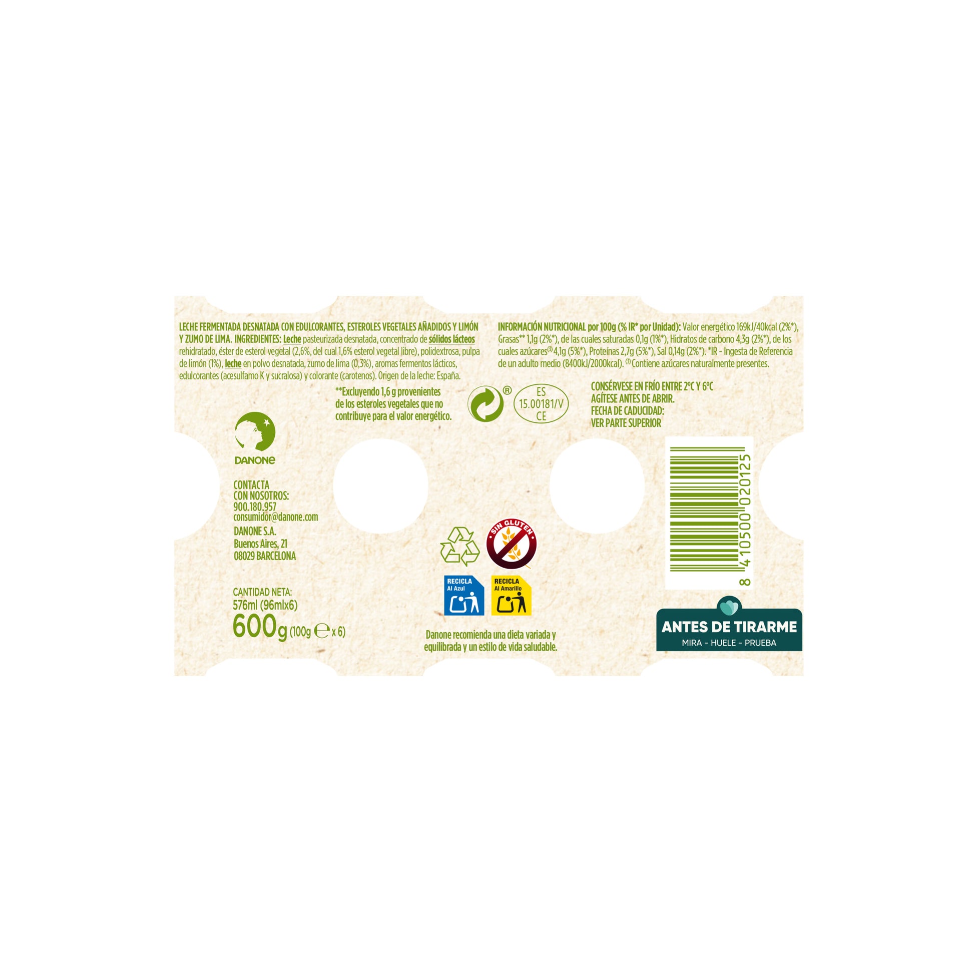 Yogur liquido lima limon danacol 0% Danone p6 100g/u