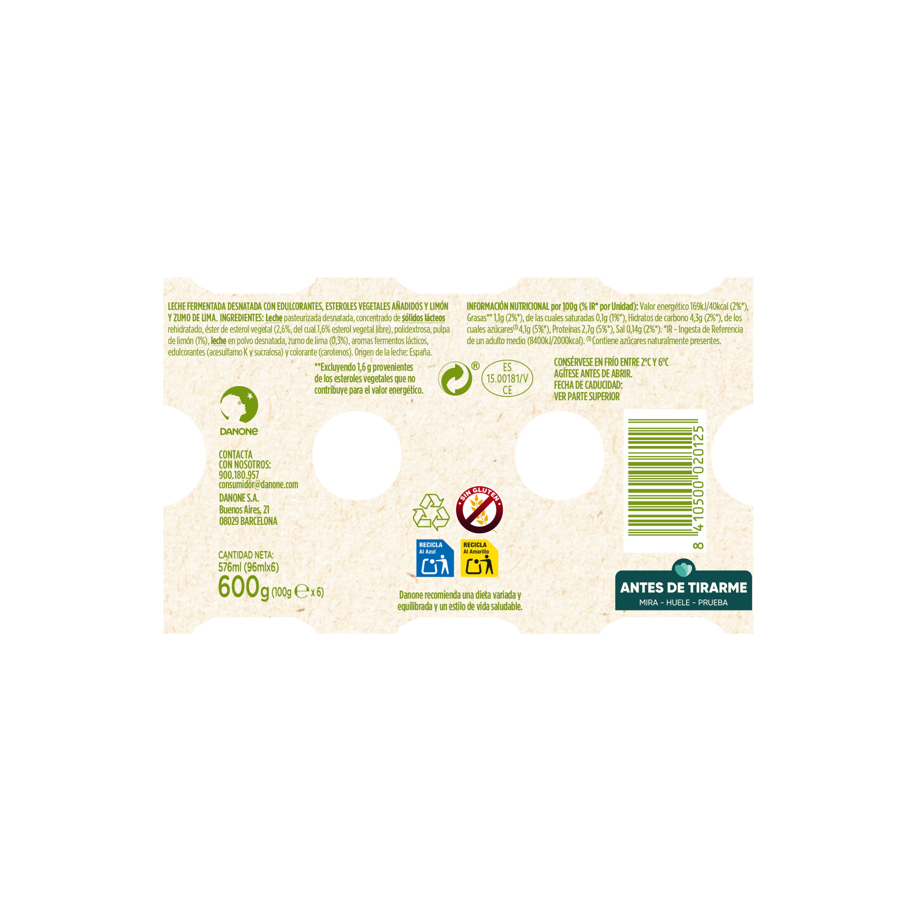 Yogur liquido lima limon danacol 0% Danone p6 100g/u