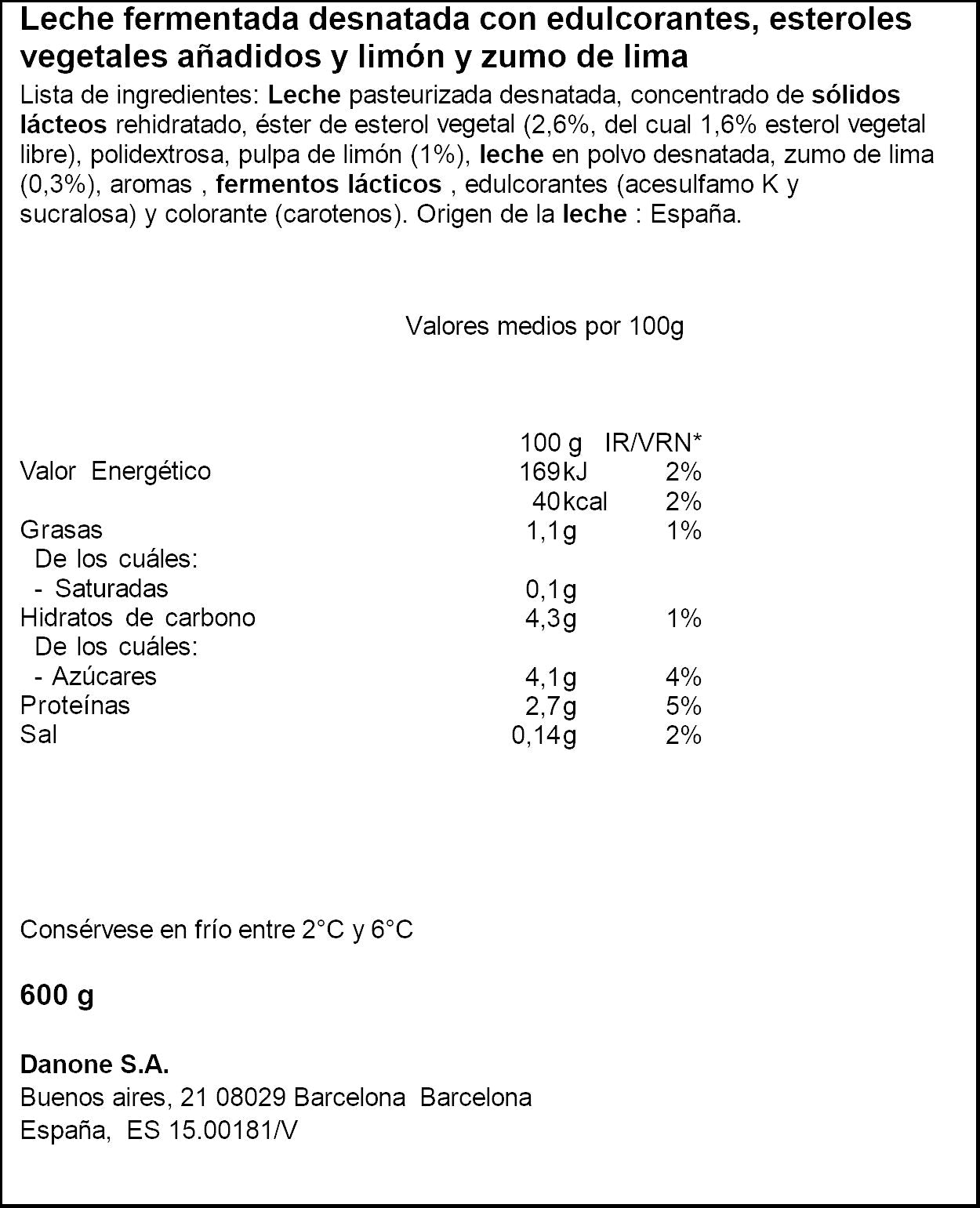 Yogur liquido lima limon danacol 0% Danone p6 100g/u