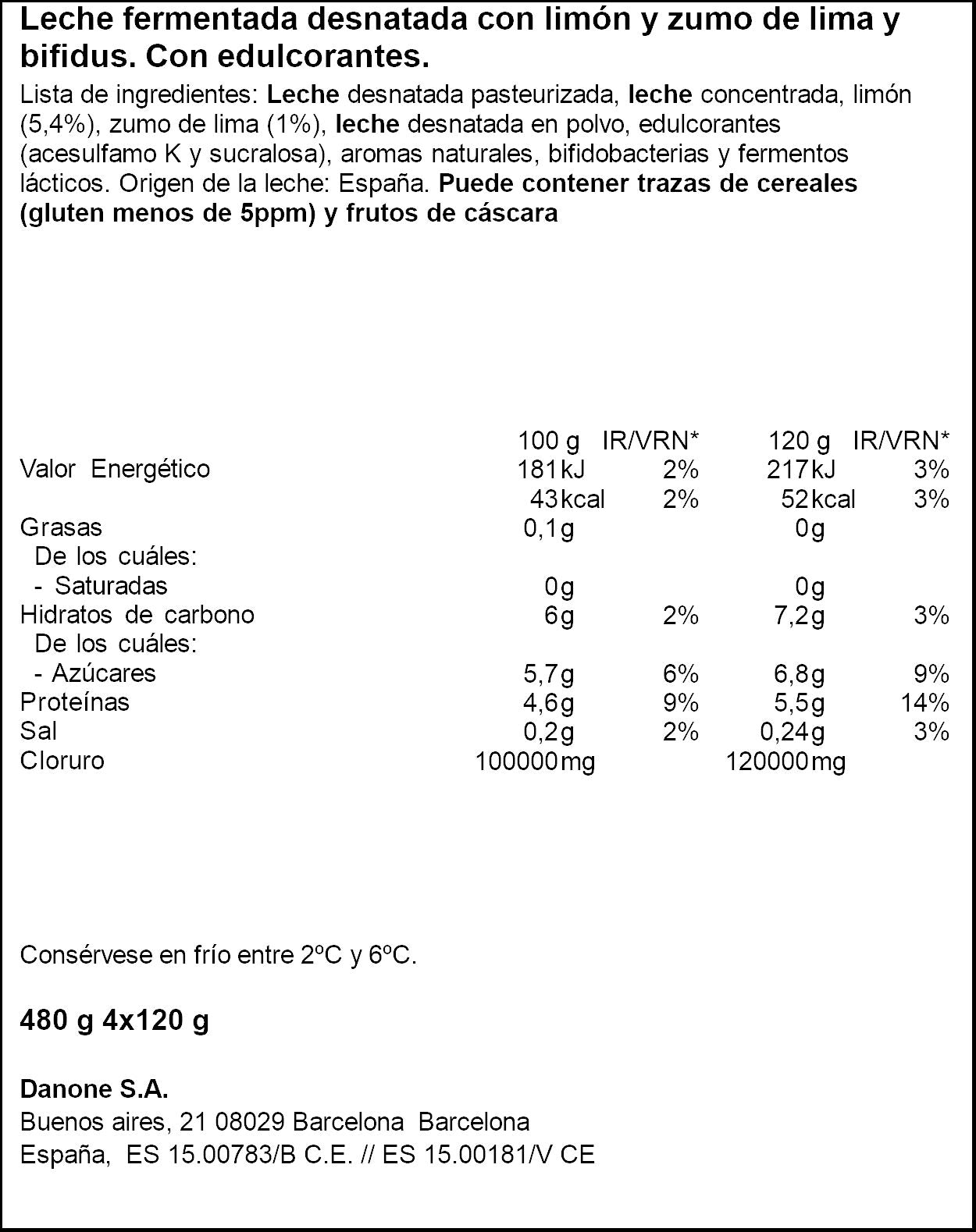 Yogur bifidus desnatado lima limon activia 0% Danone p4 125g/u