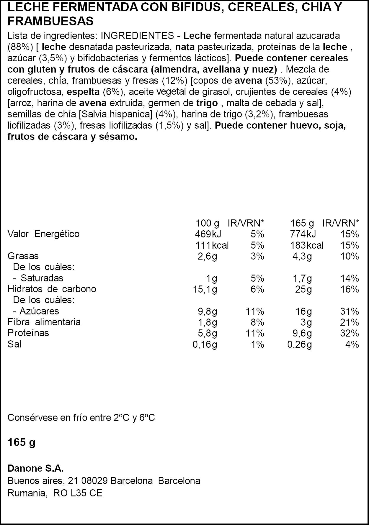 Yogur bifidus muesli frambuesa activia Danone 170g