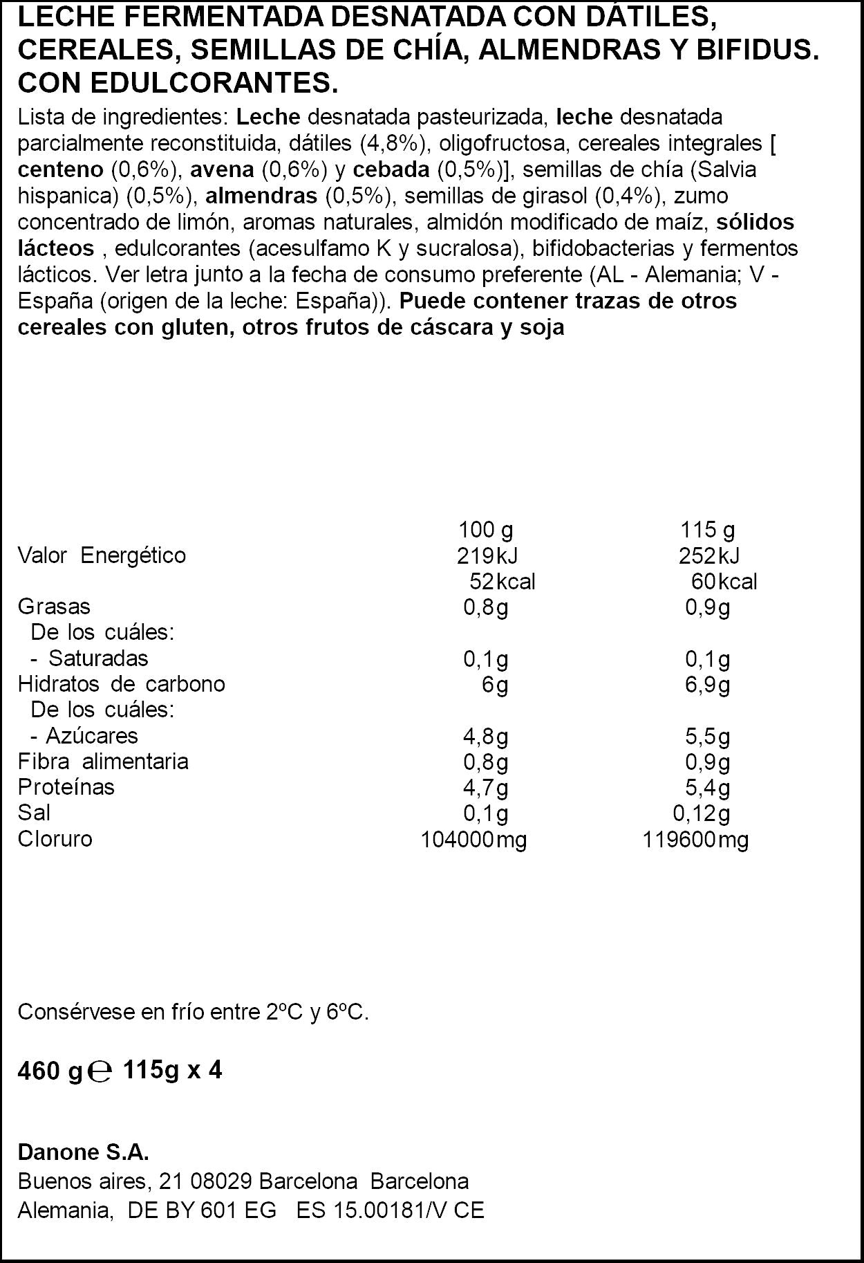 Yogur bifidus desnatado semillas chia/alme Danone p4 120g/u