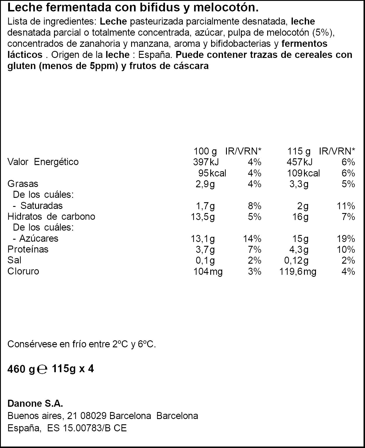 Yogur bifidus cremoso melocoton Activia Danone p4 115g/u