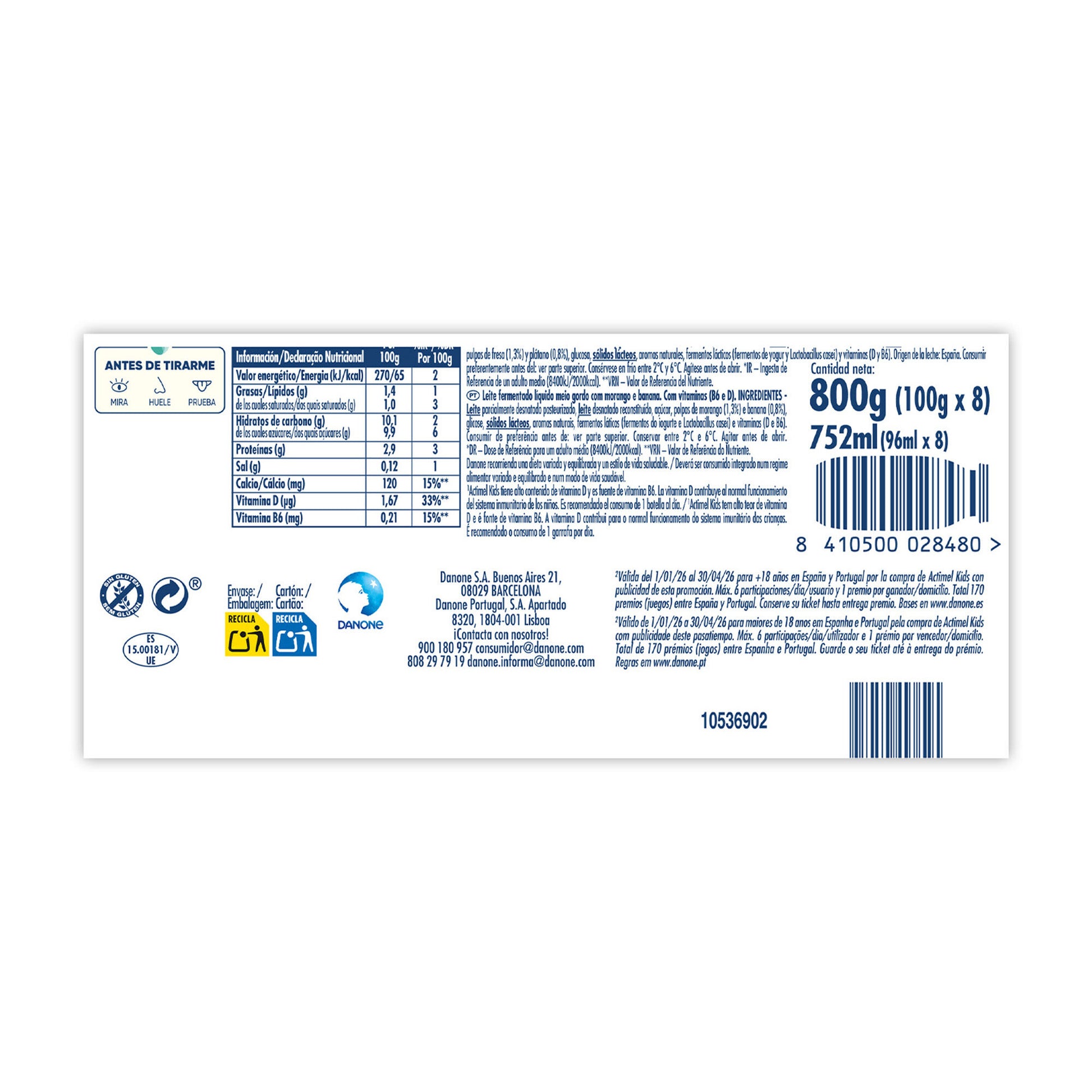 Yogur liquido fres/plat actimel Danone p6 100g/u