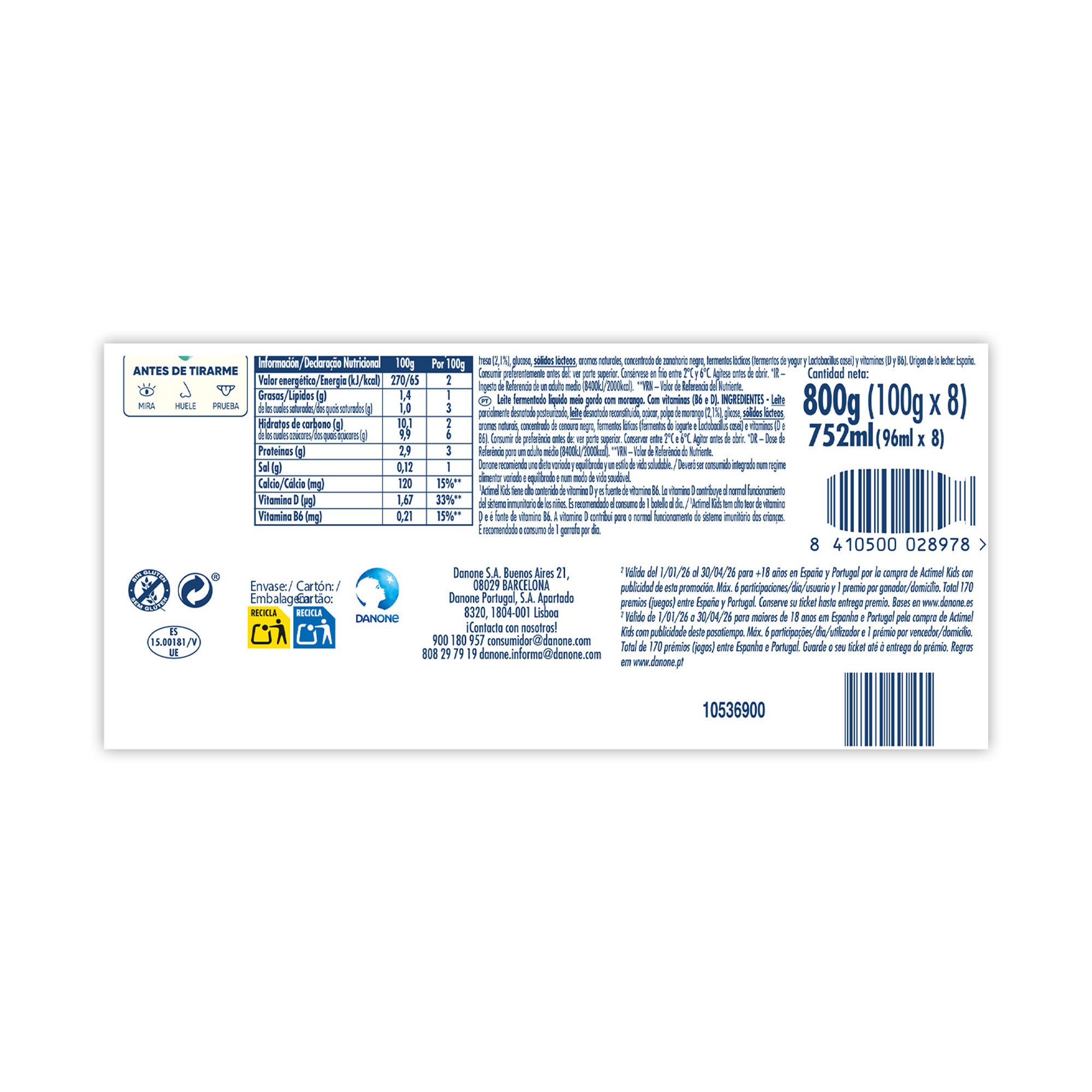 Yogur liquido fresa actimel kids Danone p6 100g/u
