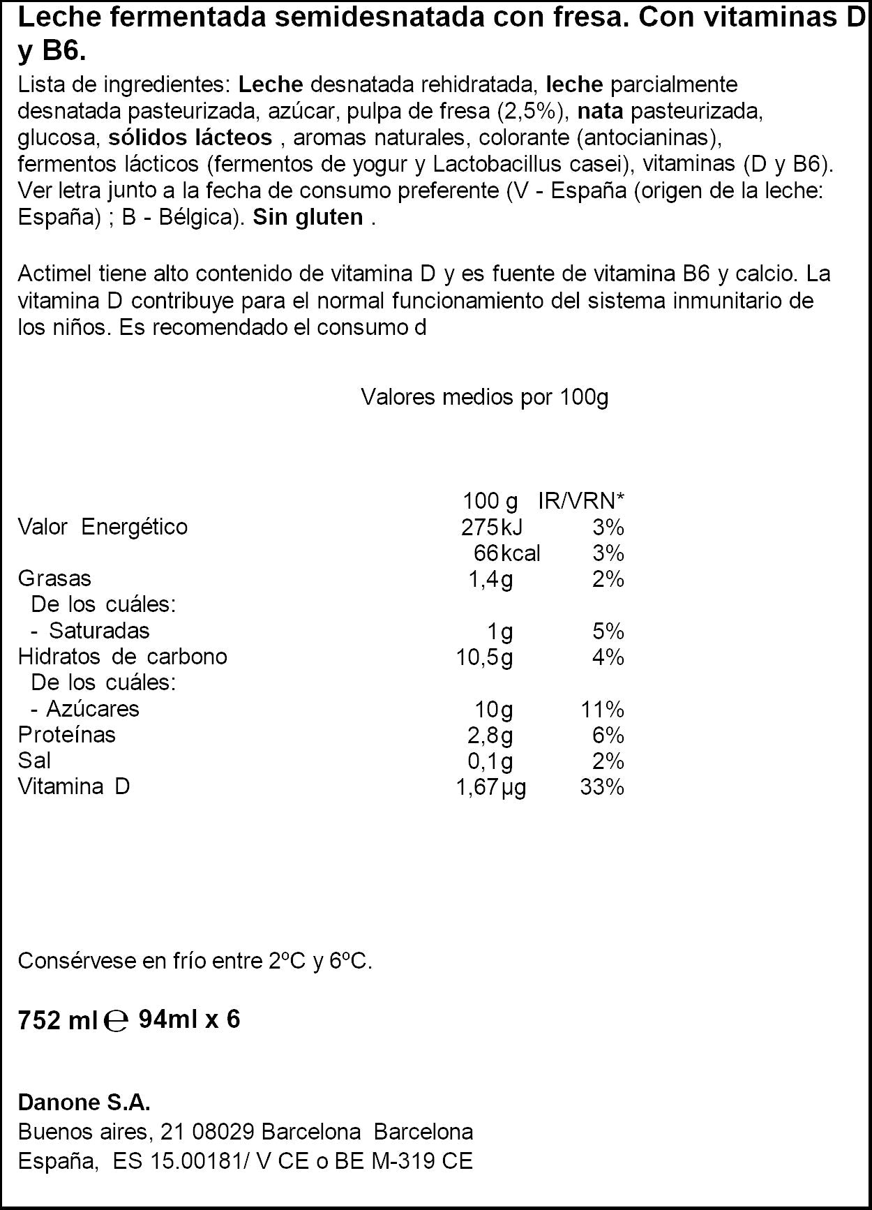 Yogur liquido fresa actimel kids Danone p6 100g/u