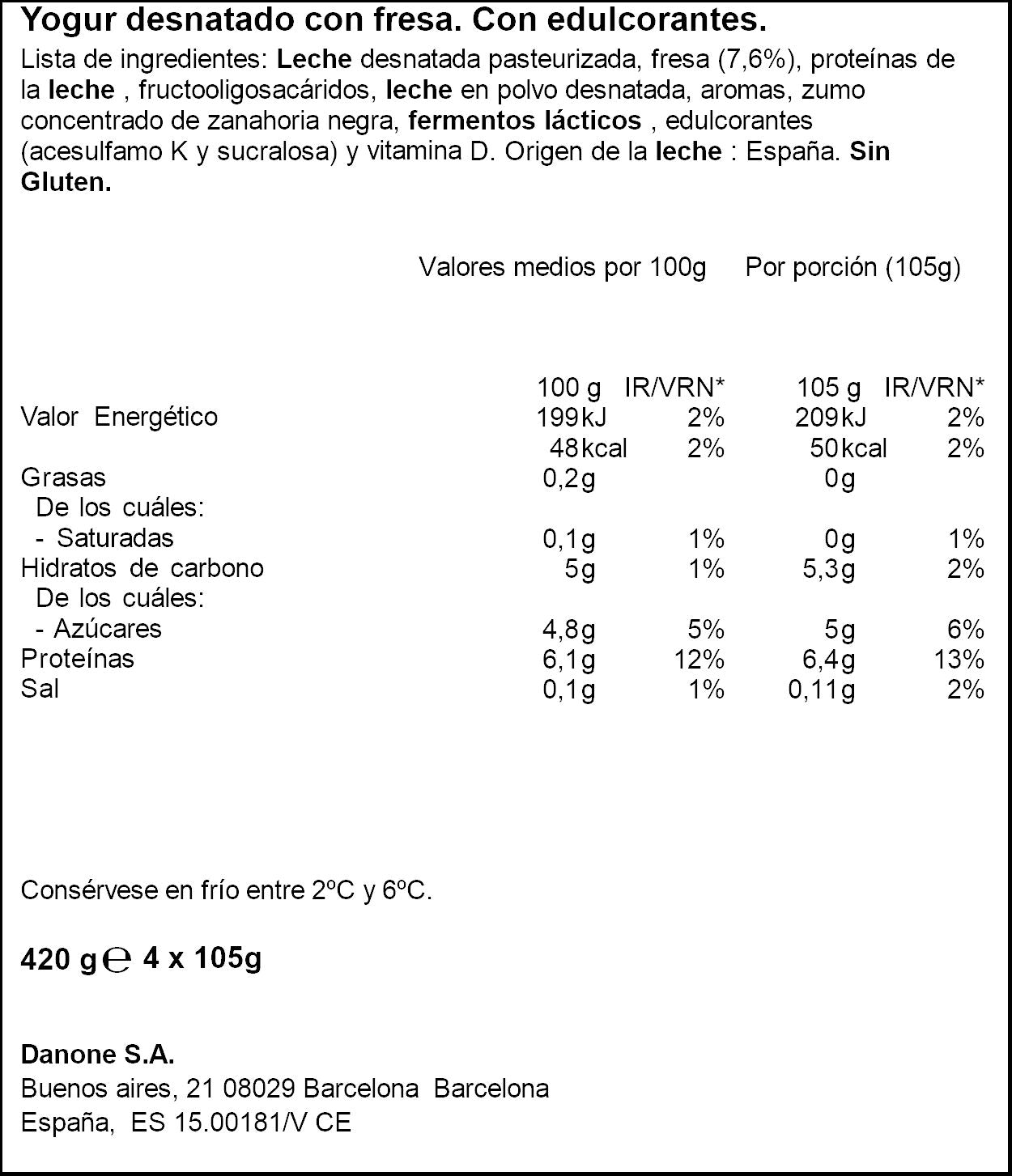 Yogur proteina fresa Danone p4 100g/u