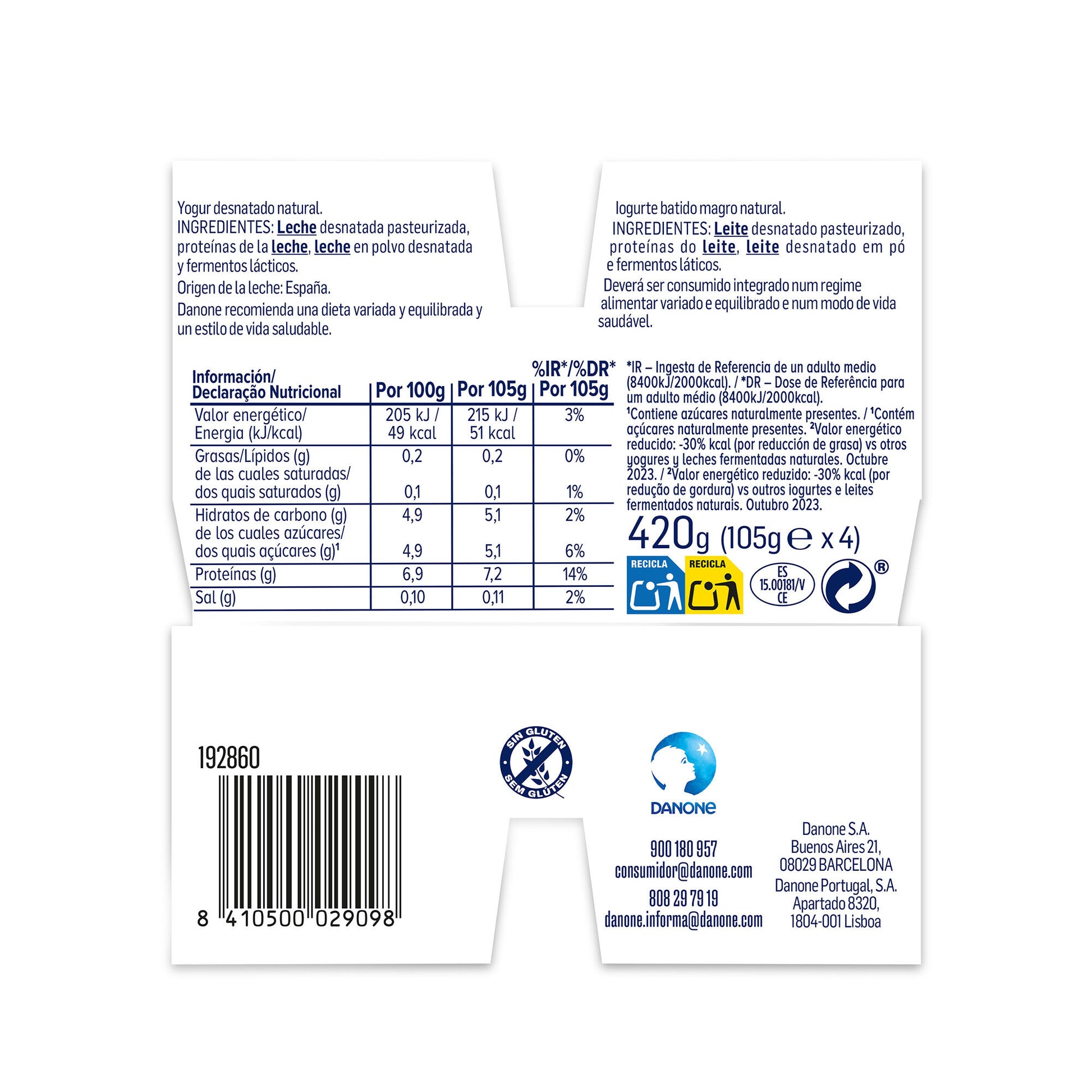 Yogur proteina natural 0%m.g. Danone p4 100g/u