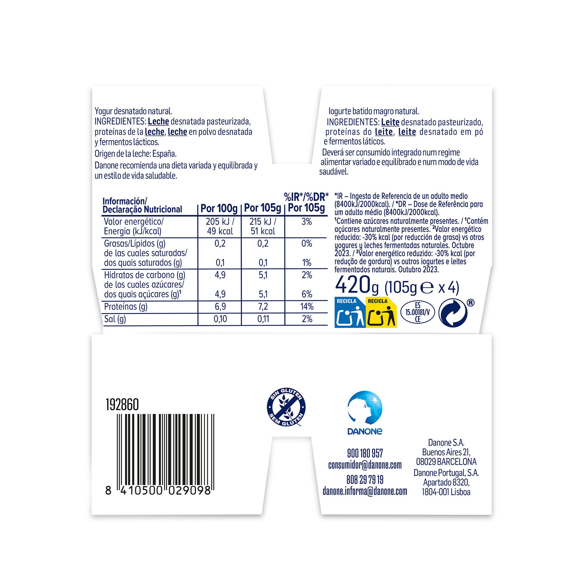 Yogur proteina natural 0%m.g. Danone p4 100g/u