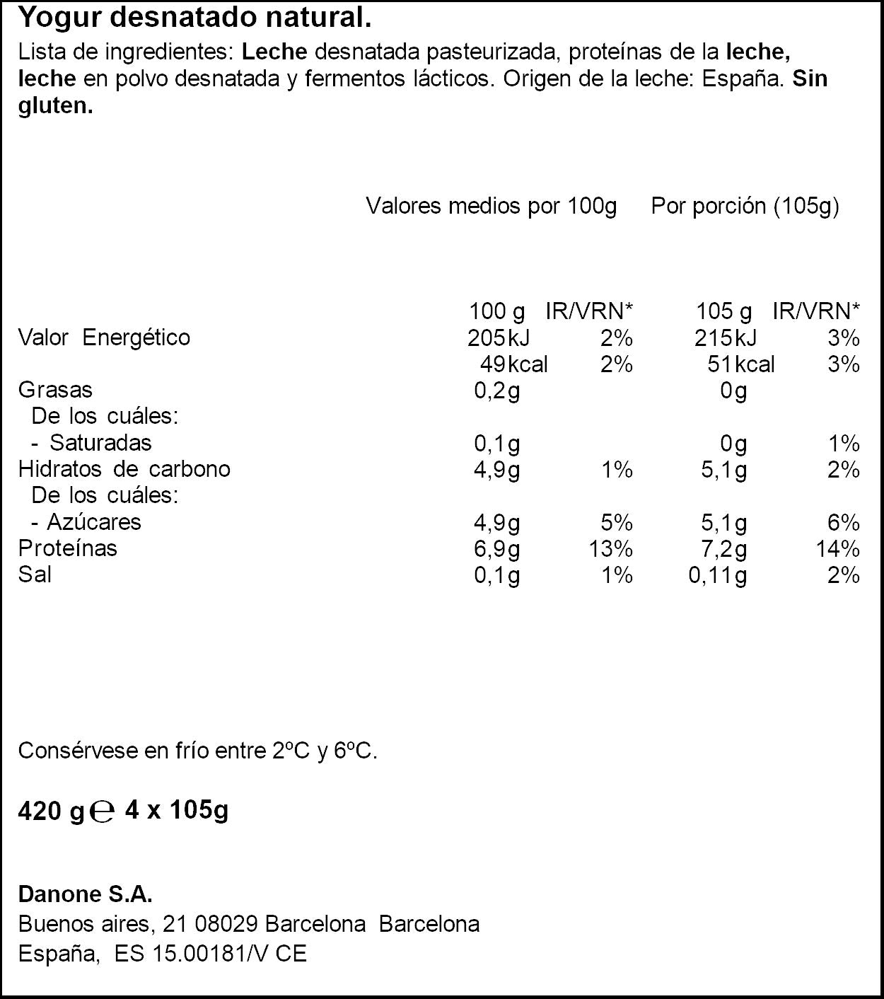 Yogur proteina natural 0%m.g. Danone p4 100g/u