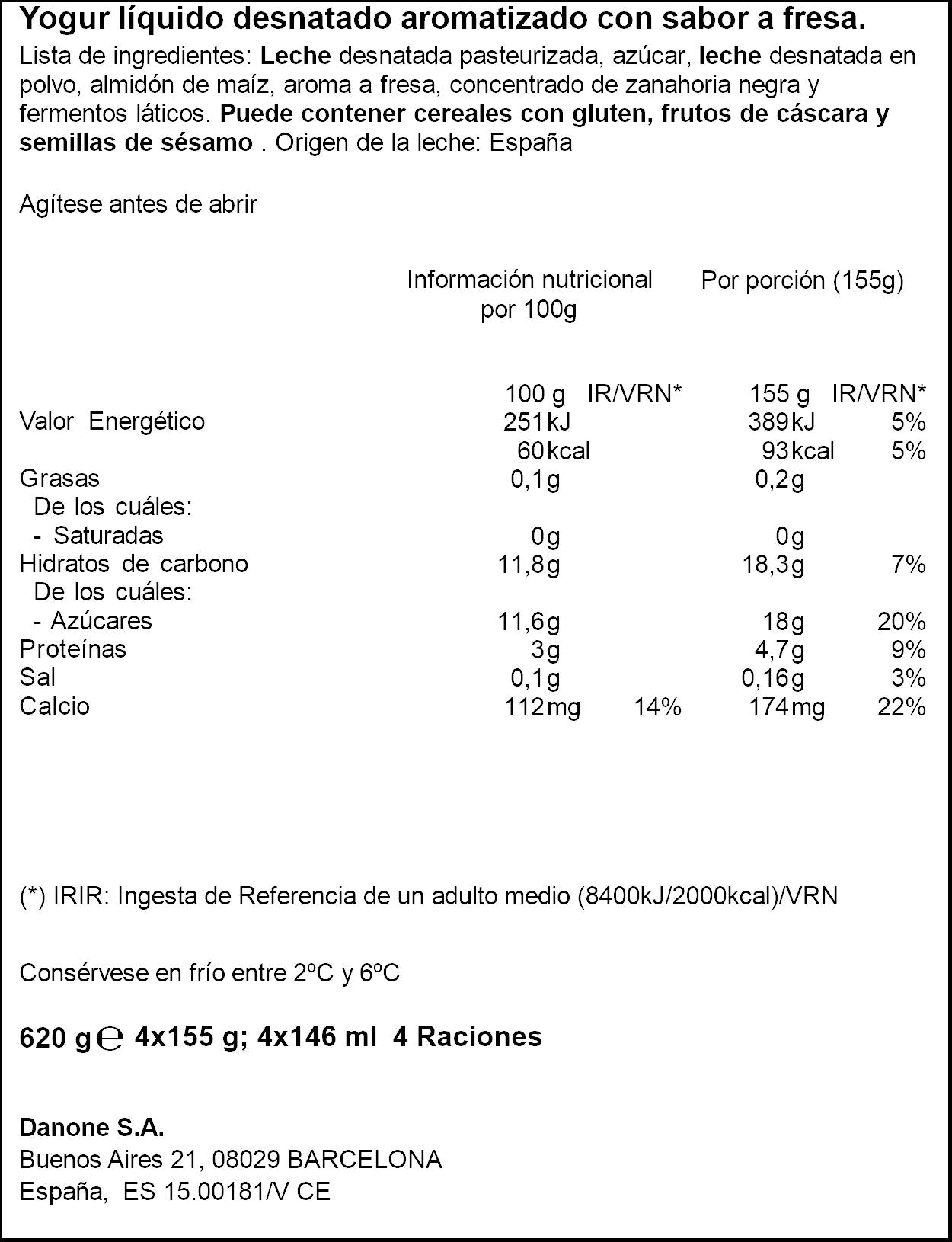 Yogur liquido fresa Danone p4 155g/u
