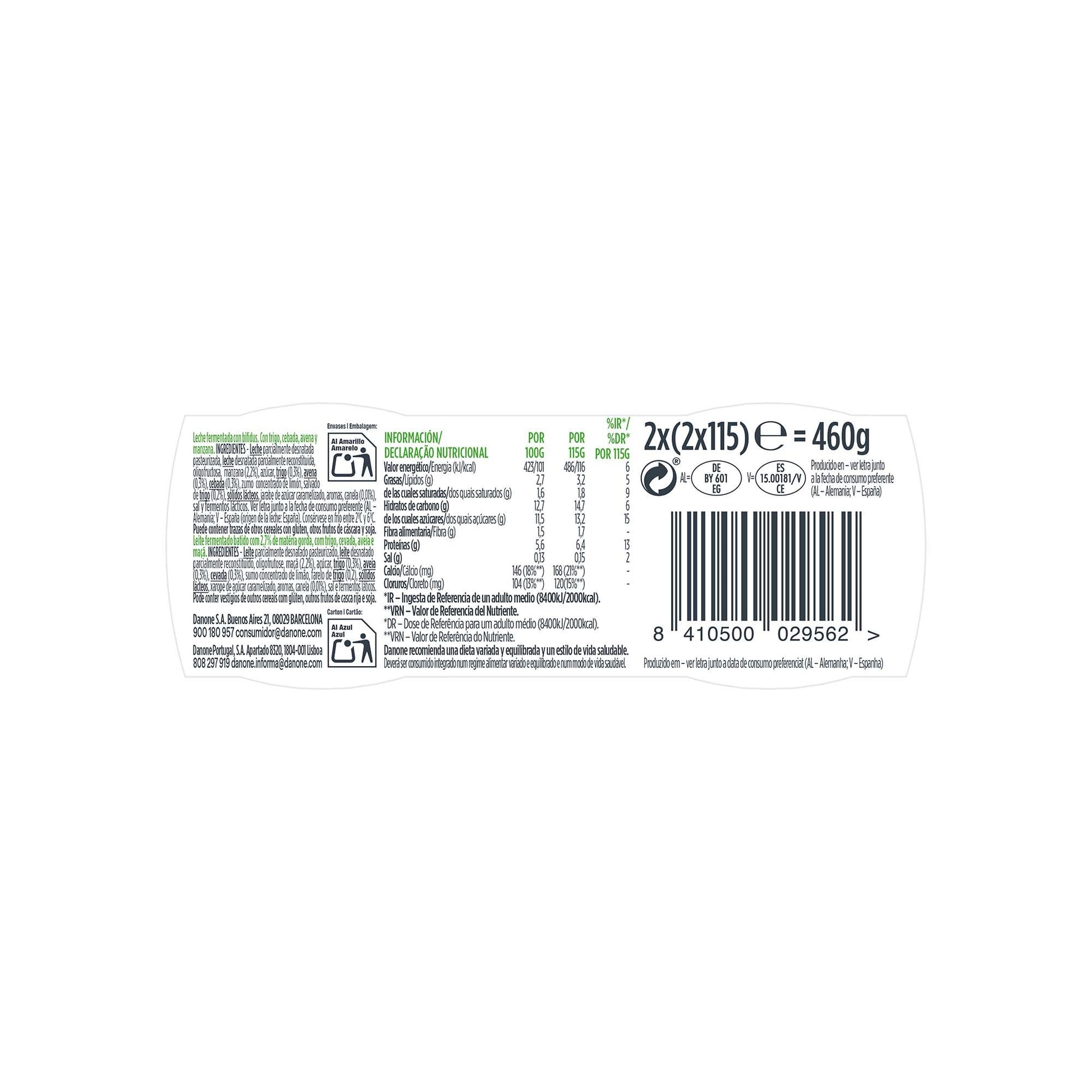 Yogur bifidus fibra aven/nuece/manz activia Danone p4 115g/u