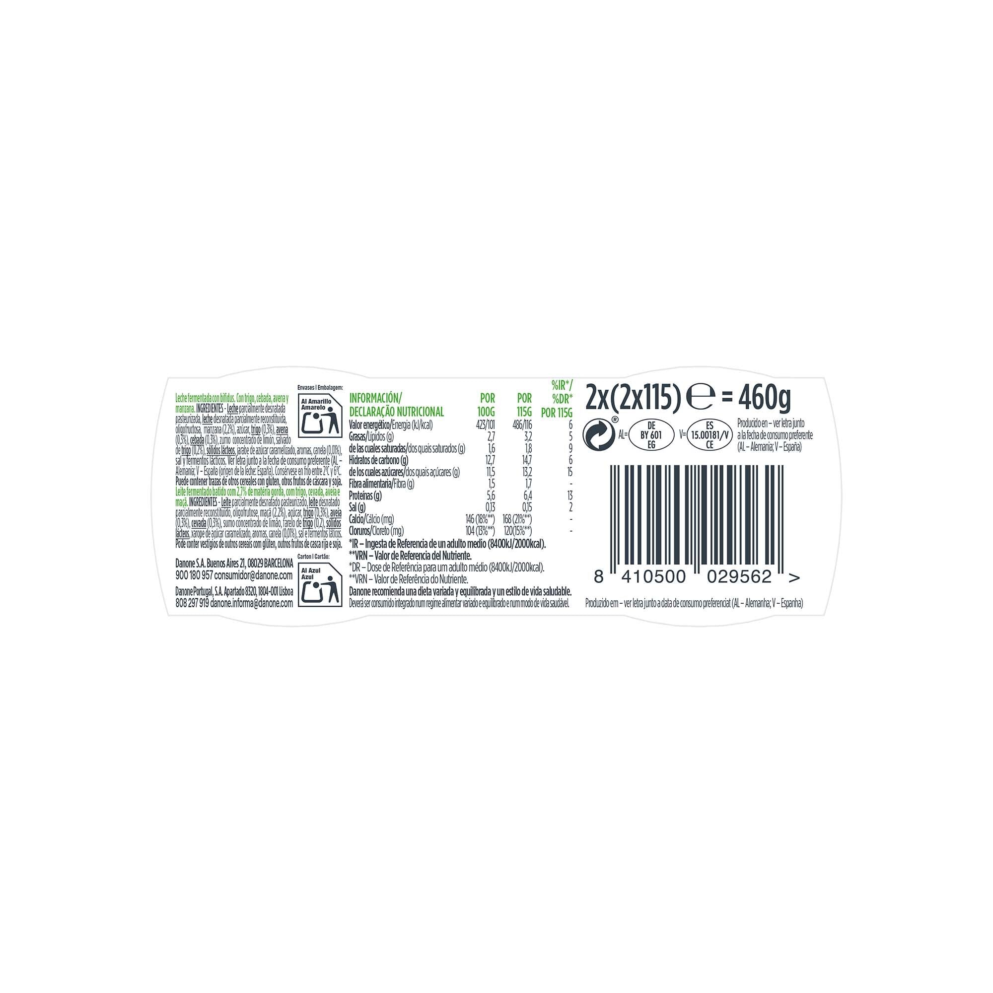 Yogur bifidus fibra aven/nuece/manz activia Danone p4 115g/u