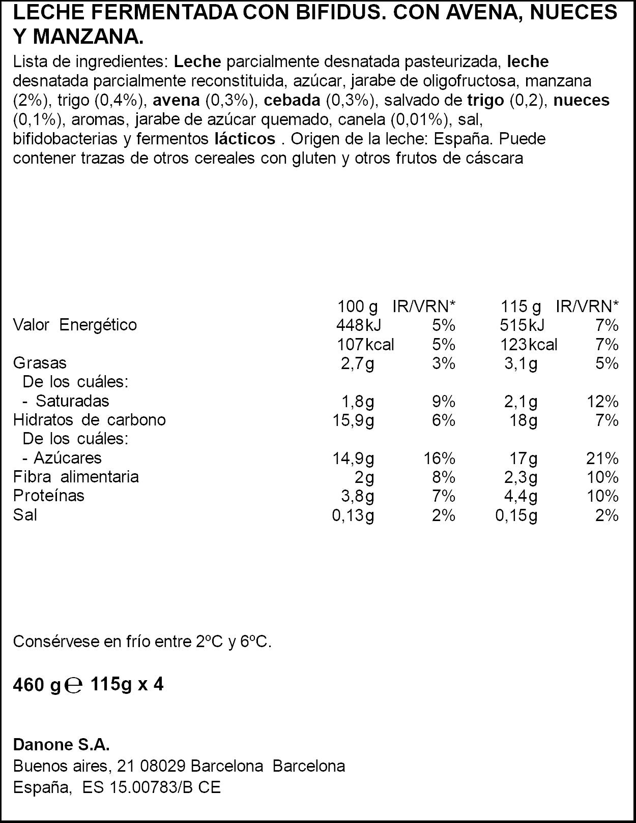 Yogur bifidus fibra aven/nuece/manz activia Danone p4 115g/u