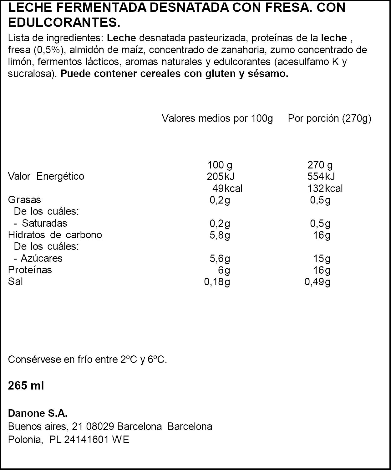 Yogur liquido proteina fresa Danone 270ml