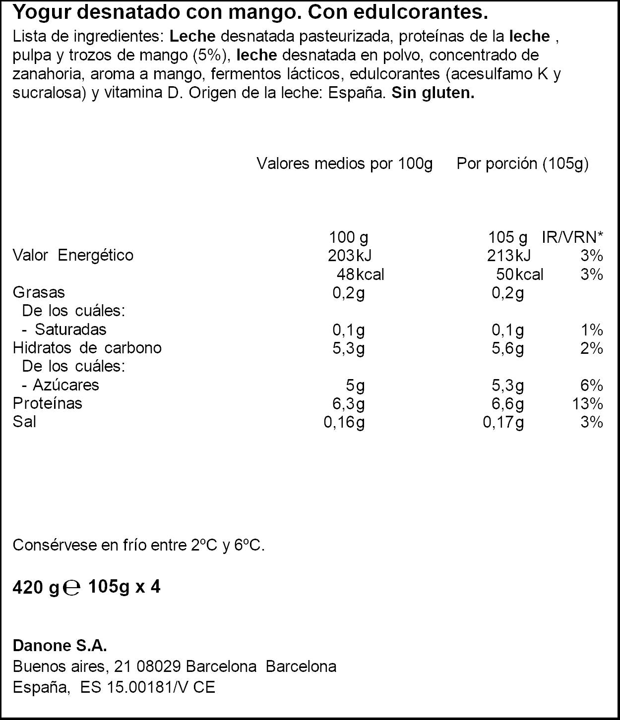 Yogur proteina mango Danone p4 100g/u