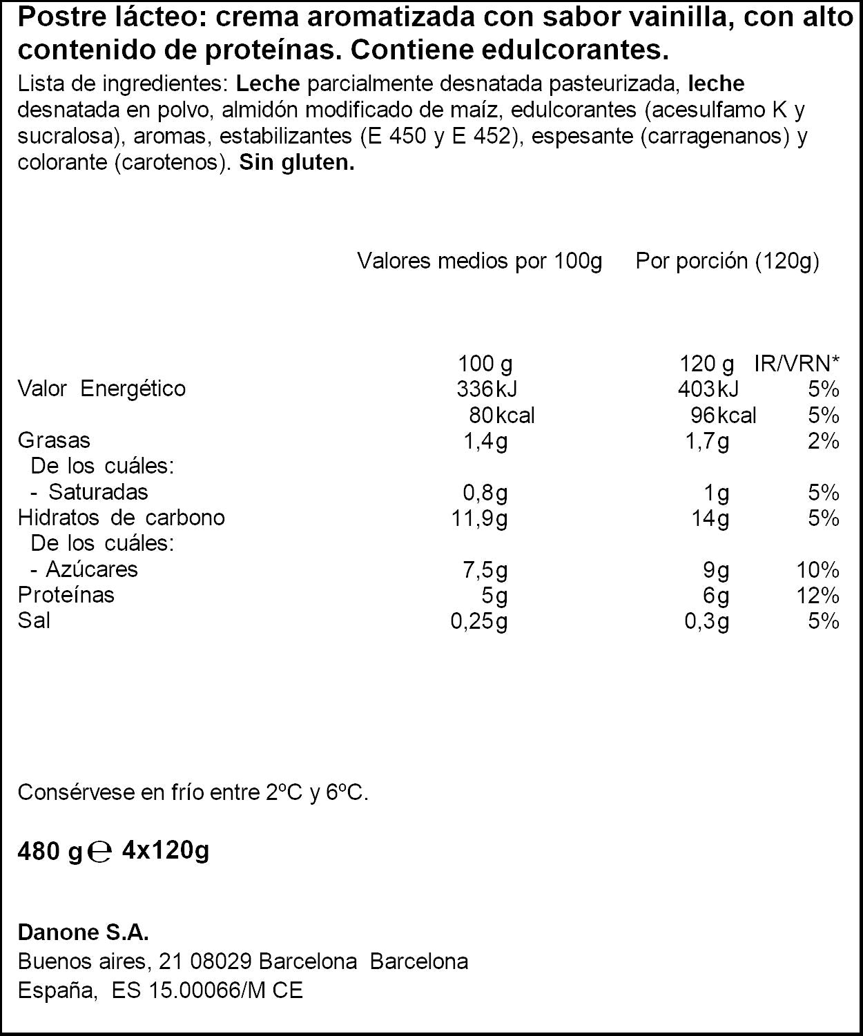Natilla vainilla proteinas Danone p4 120g/u