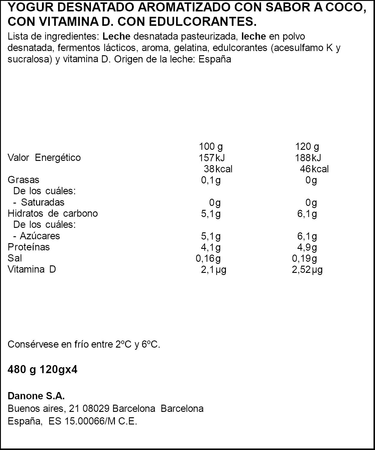Yogur desnatado coco Danone p4 120g/u