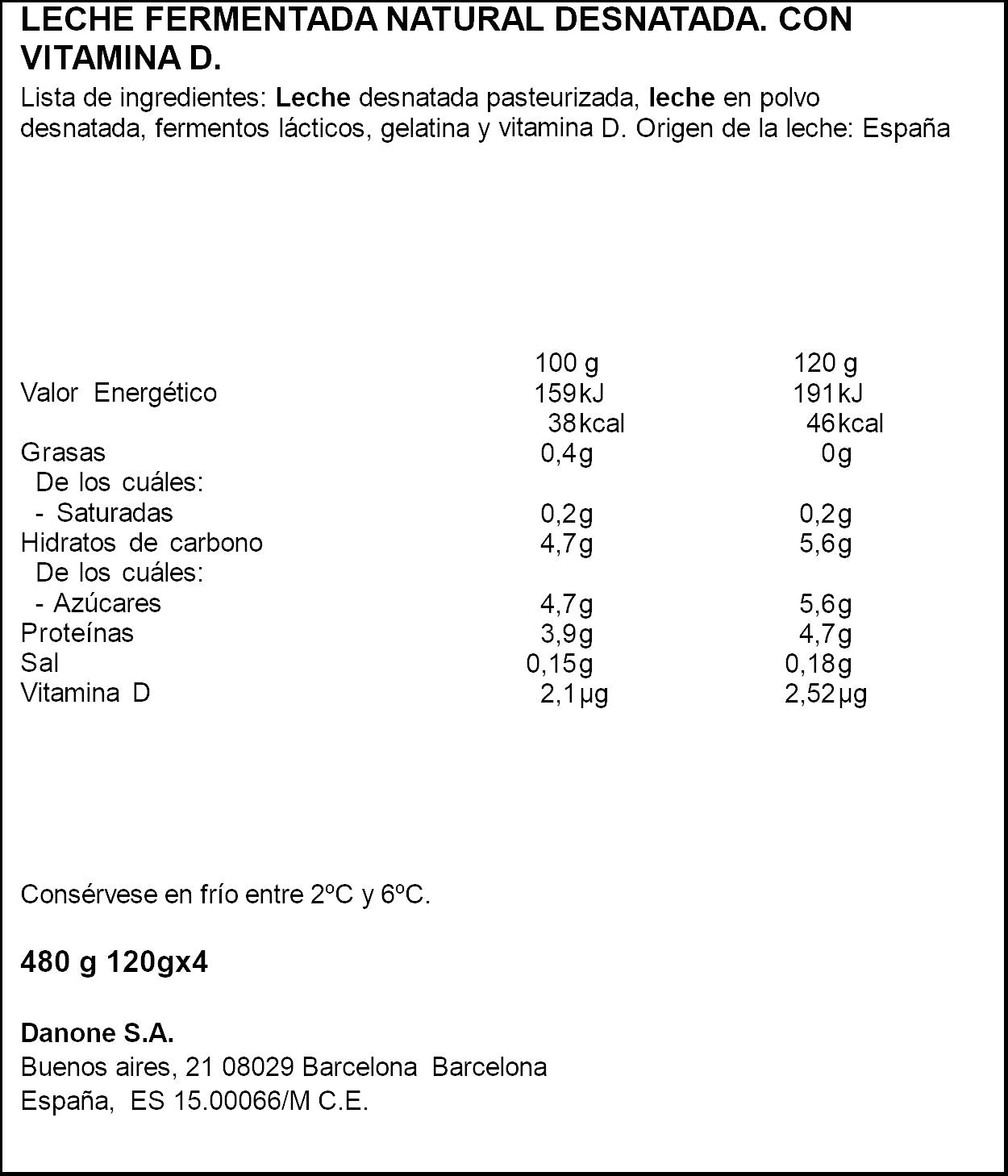 Yogur desnatado natural Danone p4 120g/u