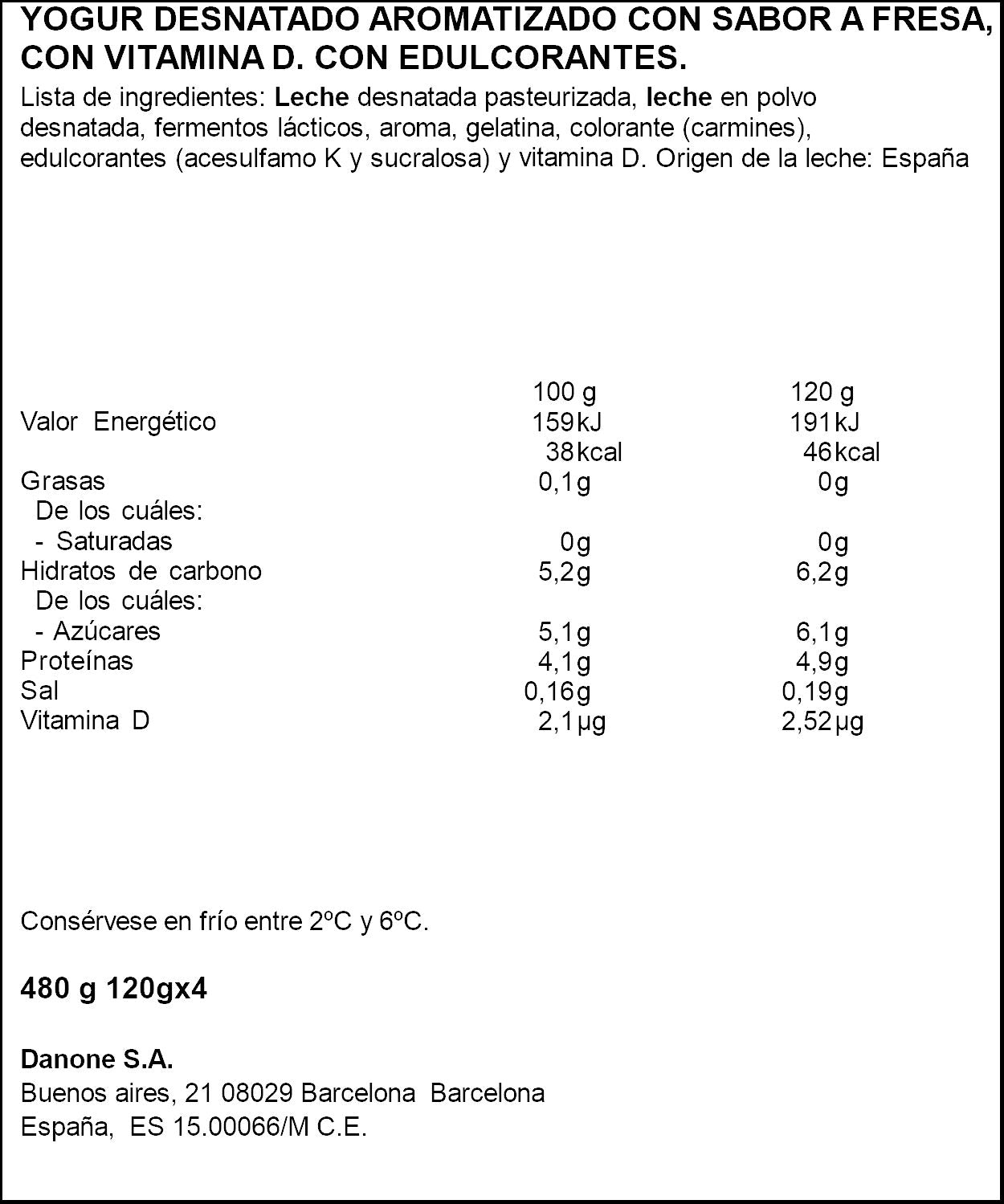 Yogur desnatado fresa Danone p4 120g/u