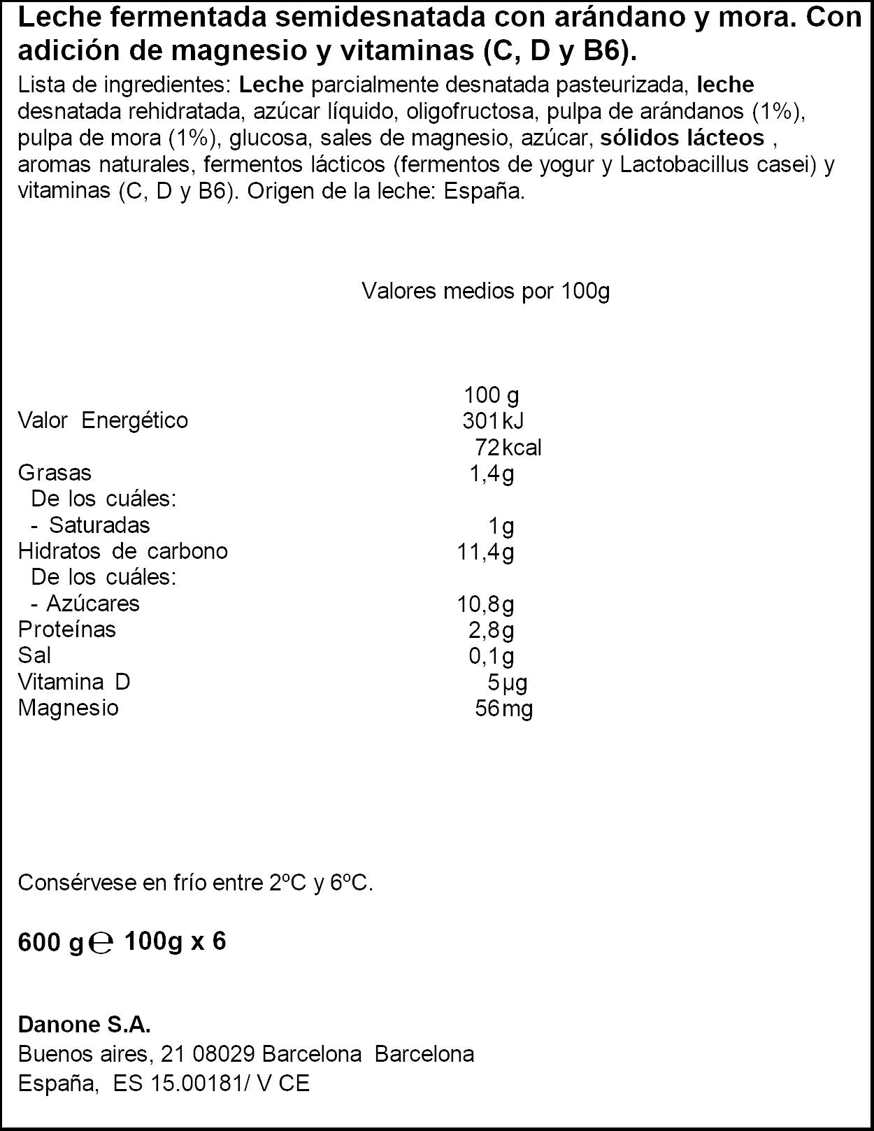 Yogur liquido mora arandanos actimel Danone p6 100g/u