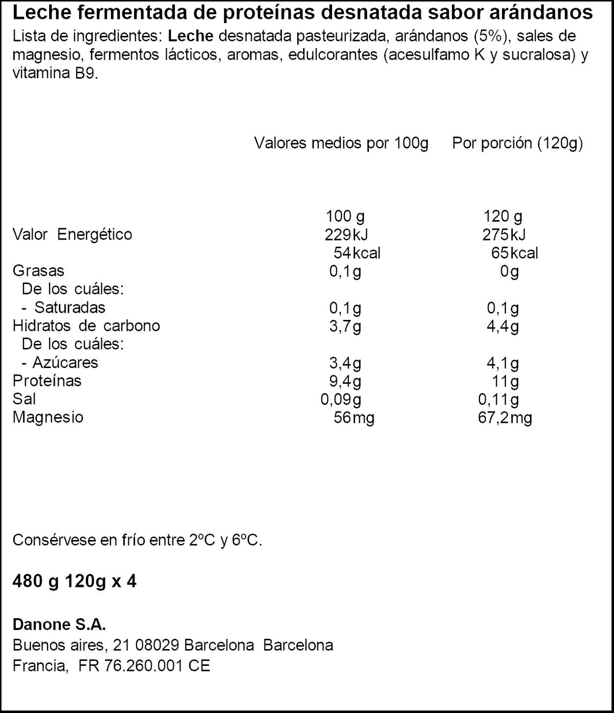 Yogur arandanos yopro Danone p4 120g/u
