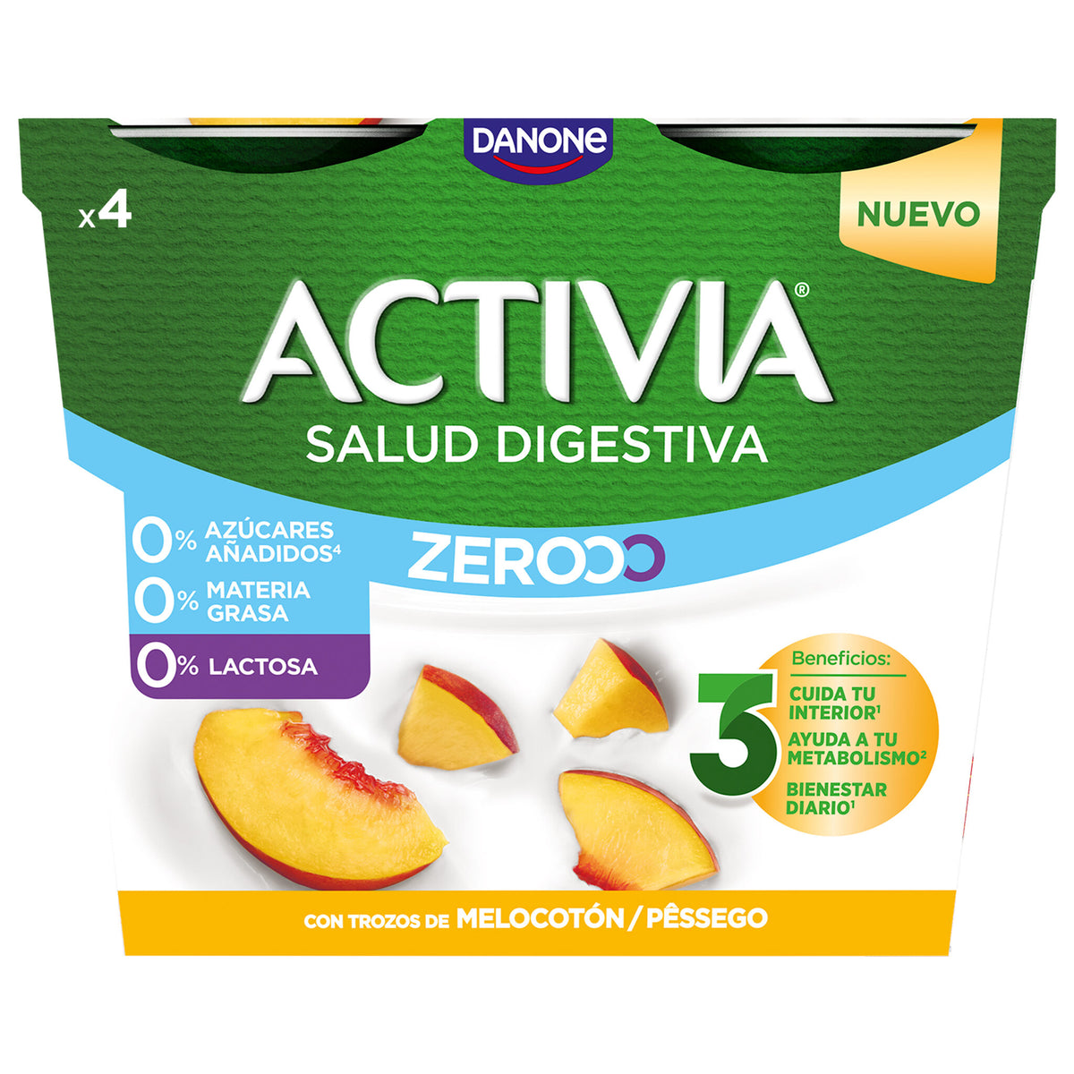 Yogur bifidus desnatado triple zero melocoton activia Danone p4 120g/u