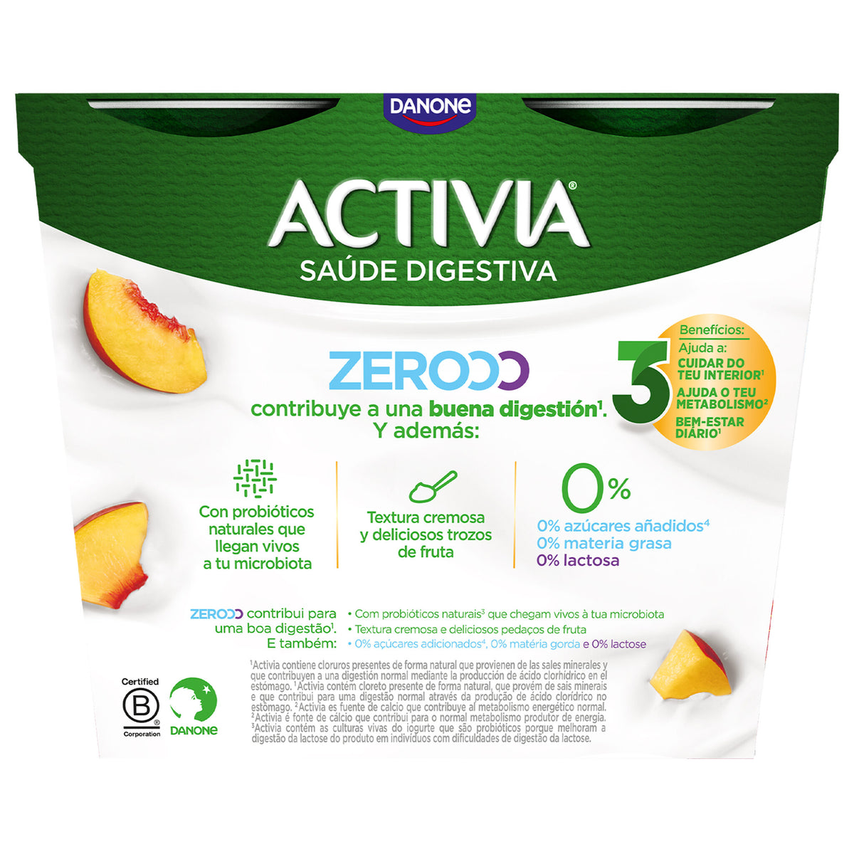 Yogur bifidus desnatado triple zero melocoton activia Danone p4 120g/u
