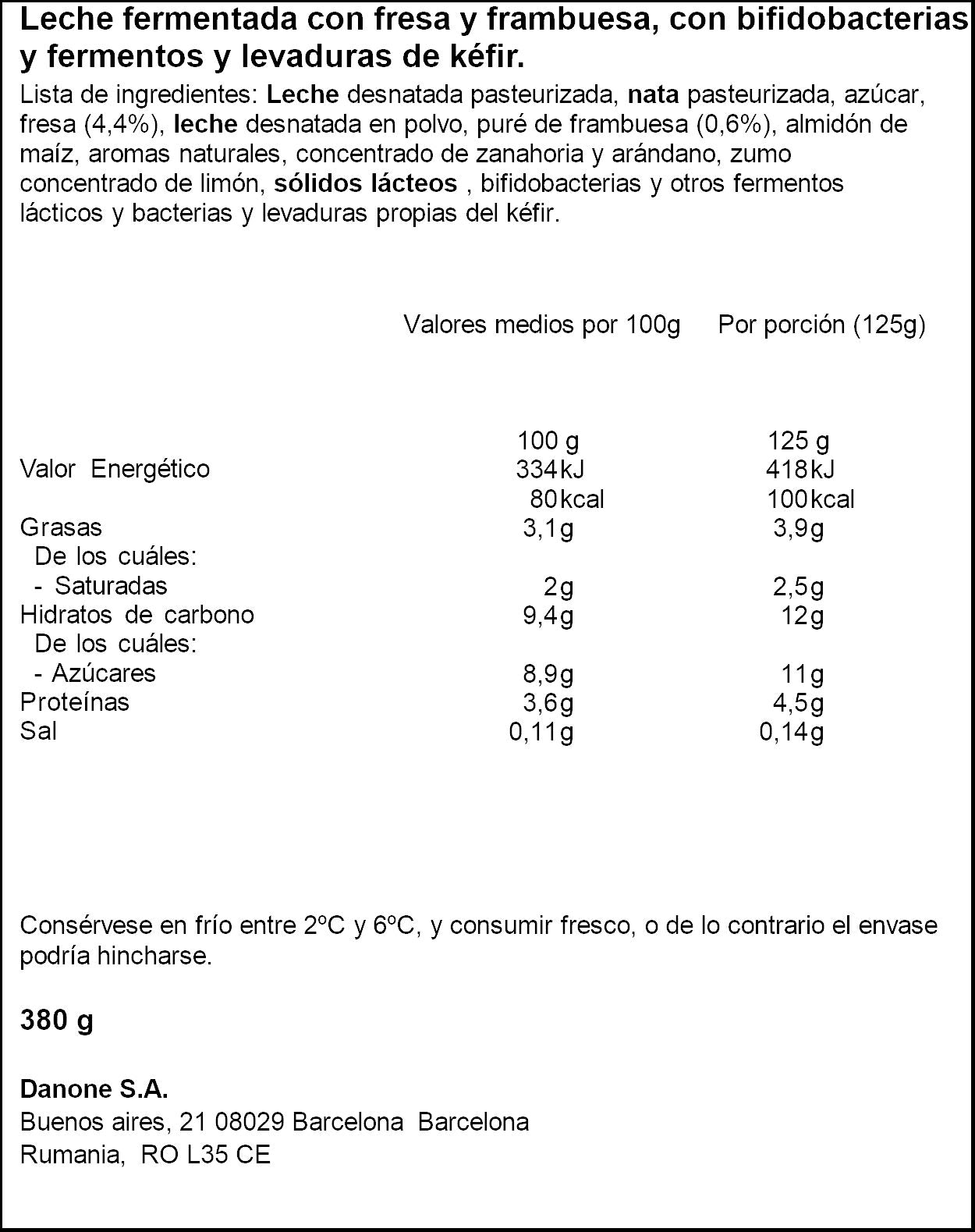 Kefir fresa frambuesa activia Danone 380g