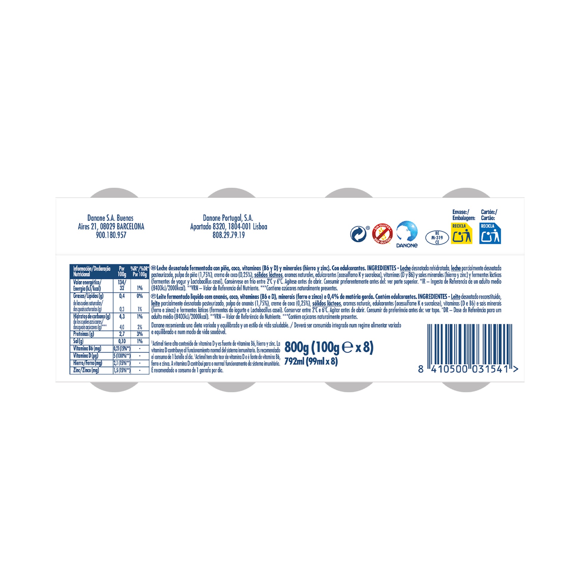 Yogur liquido coco/piña actimel Danone p8 100g/u