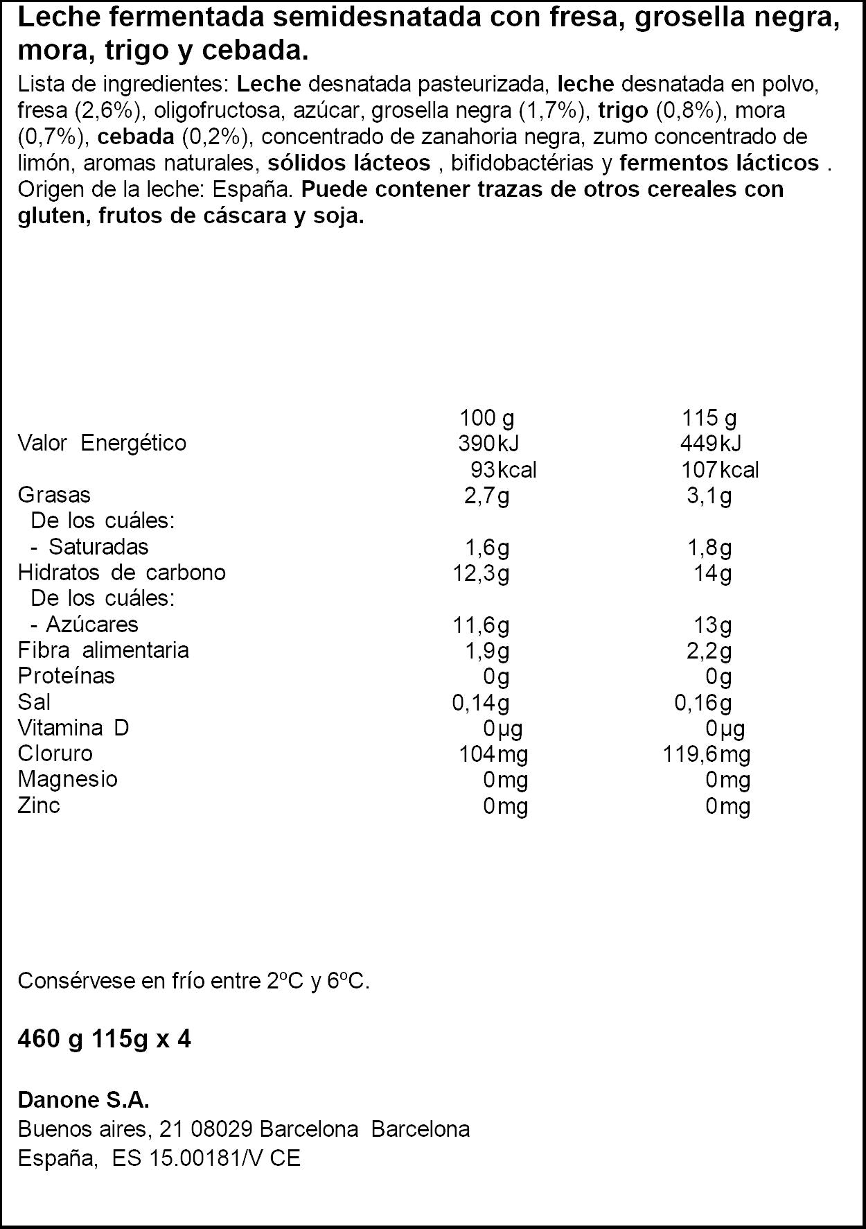 Yogur bifidus cereales/fr.rojos Danone p4 115g/u