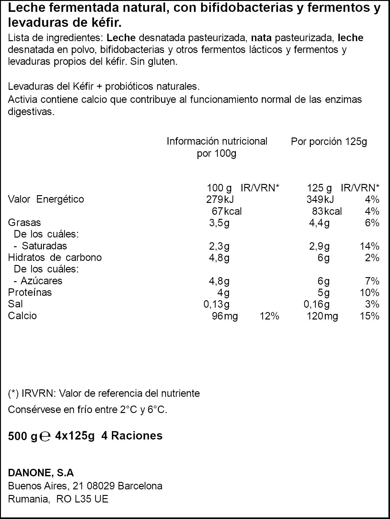 Kefir natural activia Danone p4 125g/u